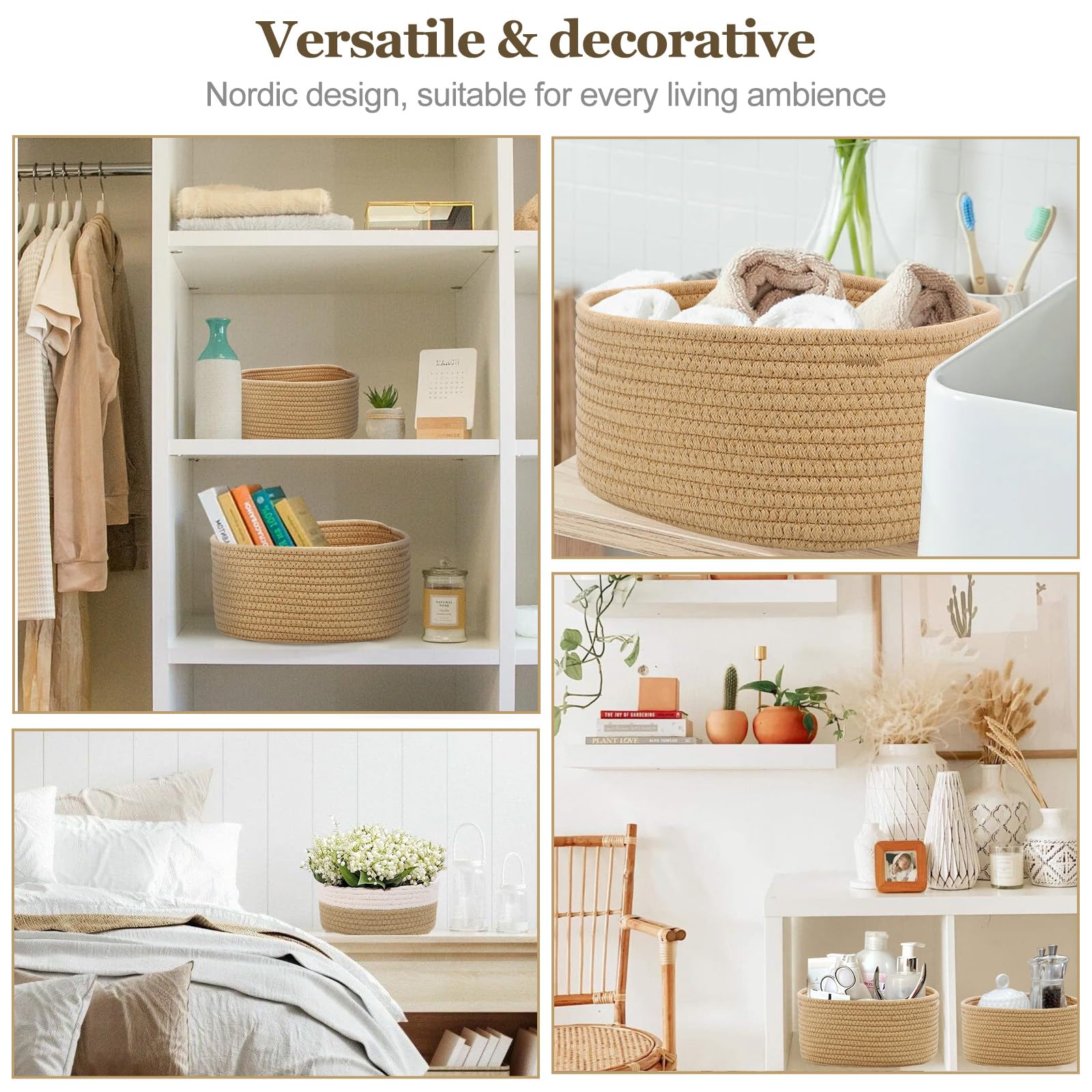 Lot de 5 Panier Rangement, Panier de Rangement,Salle de Bain Corbeille Enfan, Corbeille Rangement pour Salle de Bain, Cuisine, Organisateur Empilables à Usages Multiples(Jute)