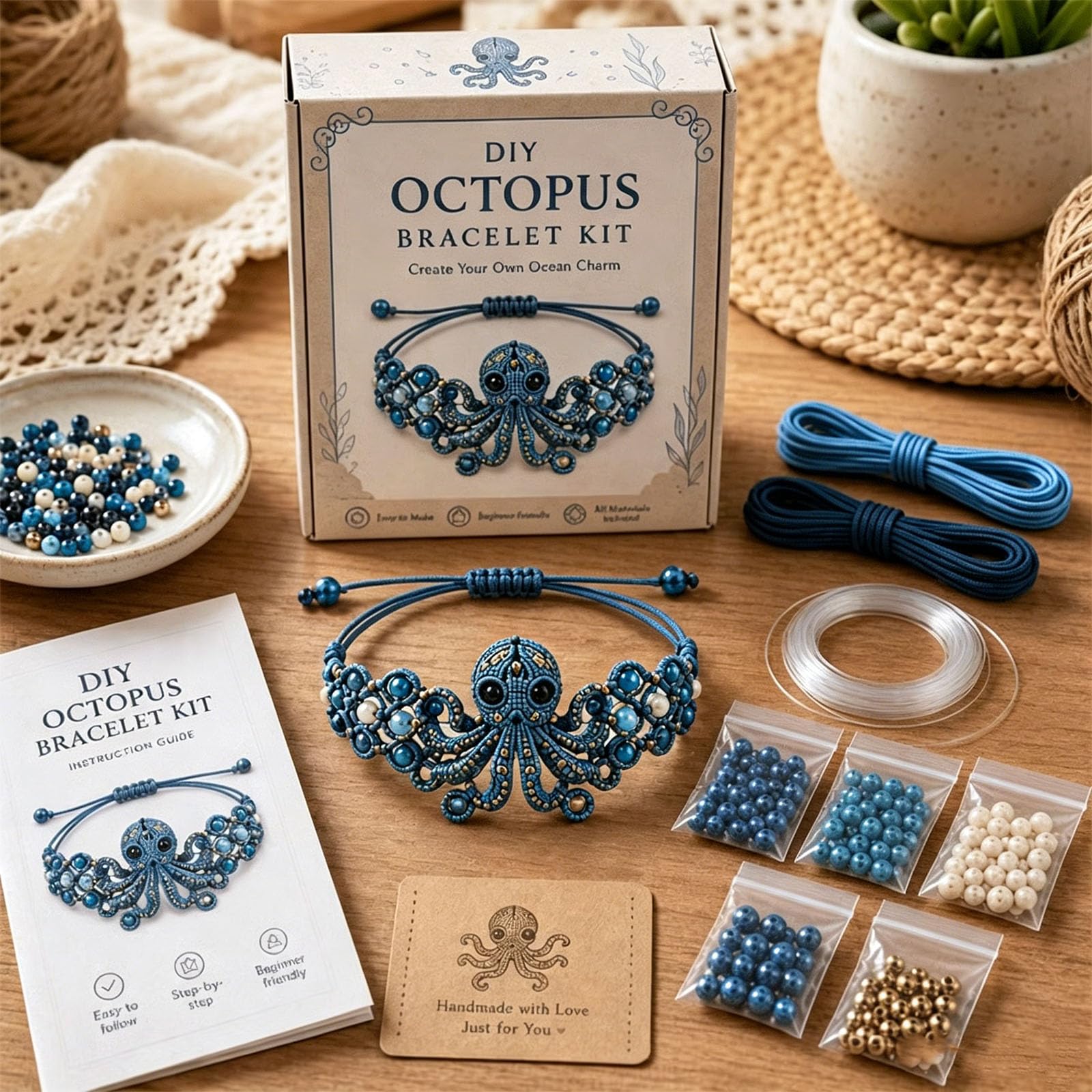 OLYGEE DIY Octopus Bracelet Bead Kit, 3D Beaded Bird Craft Set, Bead Animal Making Kit for Beginners with Plastic Resin Beads, Needle, Thread & Illustrated Instructions (#I)