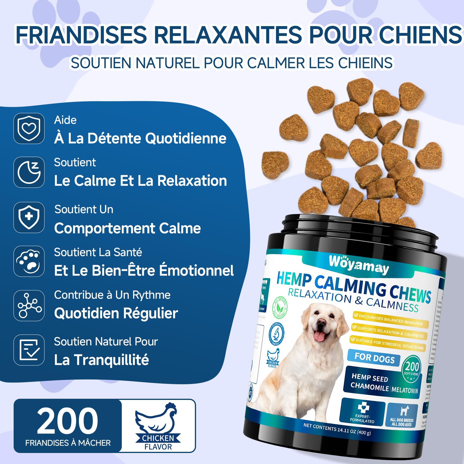 Woyamay Calmantes pour Chien, 200 Pièces Calmant à Mâcher pour Chiens, pour Accompagner Lors de Moments de Séparation, Voyage, Feux d’Artifice ou Orages, Saveur Poulet