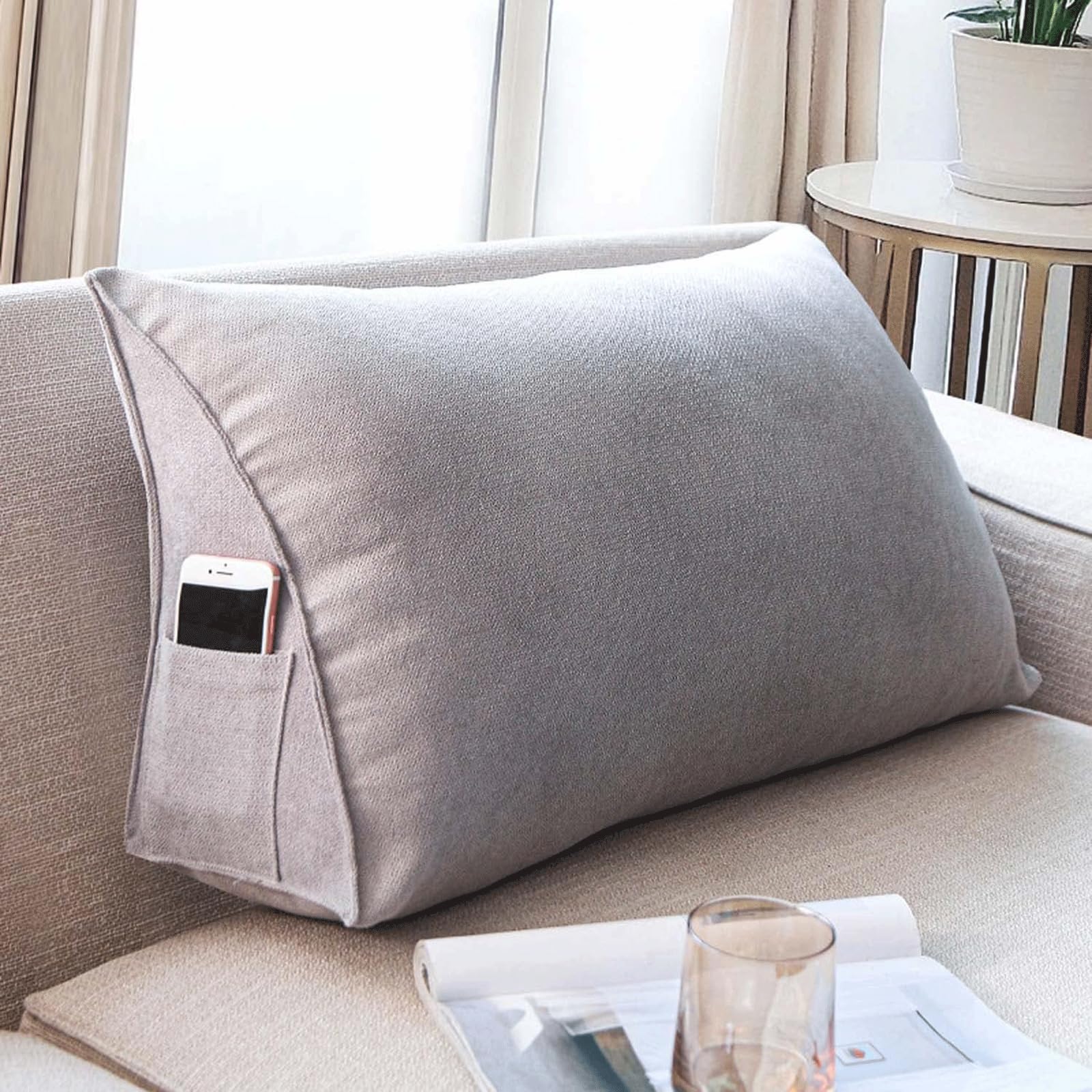 Cojín triangular para sofá, soporte lumbar, cabecero, respaldo de posicionamiento, almohada de lectura, suave, transpirable, funda extraíble (100 x 35 x 20 cm, color azul marino)