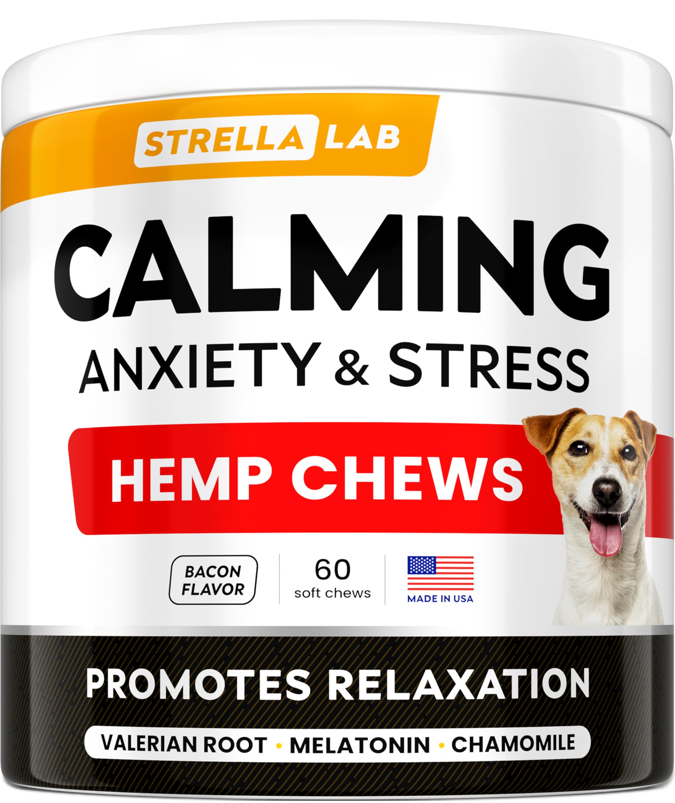 STRELLALAB Advanced Calming Chews for Dogs - Hemp Treats + Melatonin - Sleep Aid - Relaxing Treats - Stress Relief During Fireworks, Thunder - Made in USA - Bacon - 60Ct