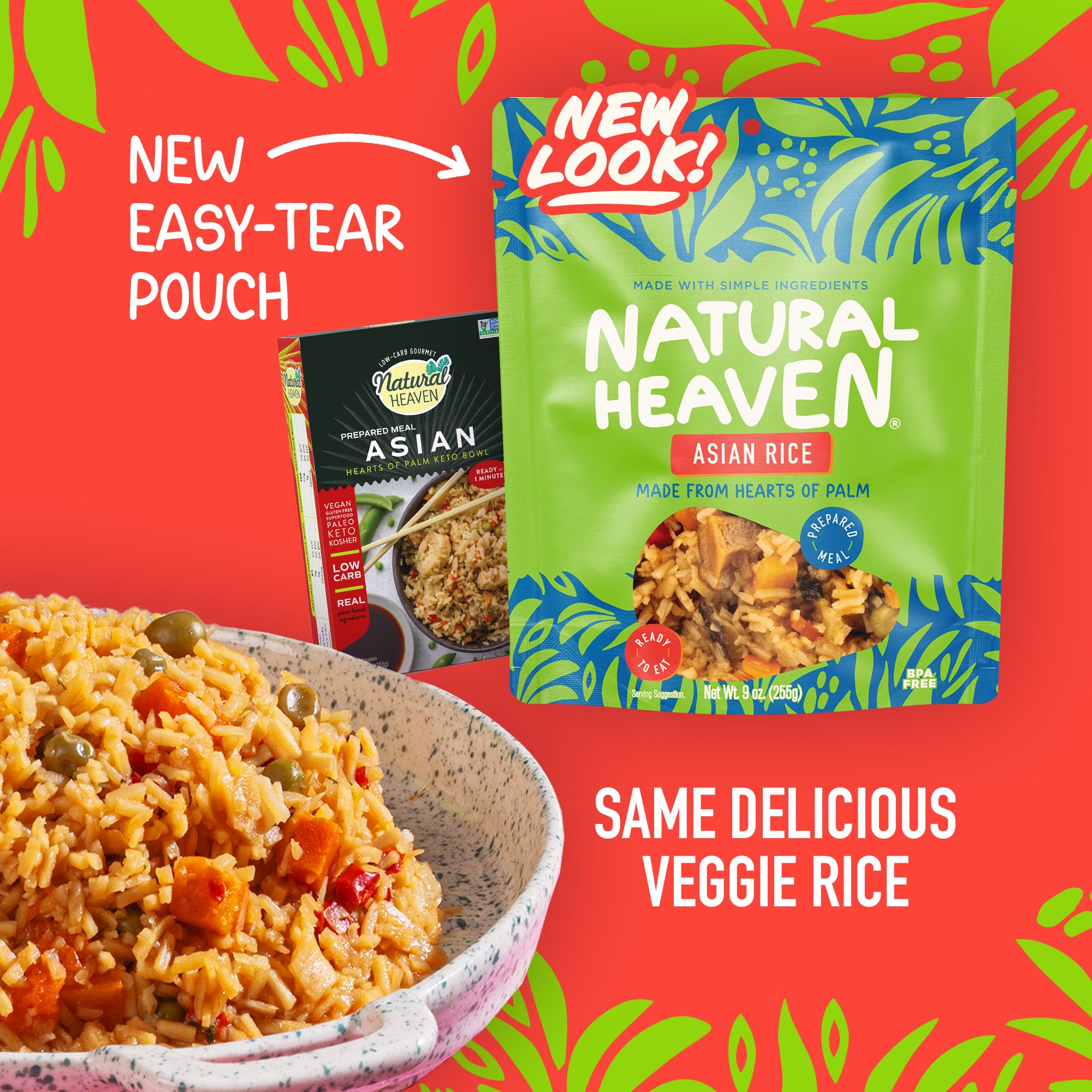 Natural Heaven Hearts of Palm Asian Rice, Ready & Seasoned – Prepared Meals, New Delicious Recipe, Vegan Food, 9 Oz Pouch