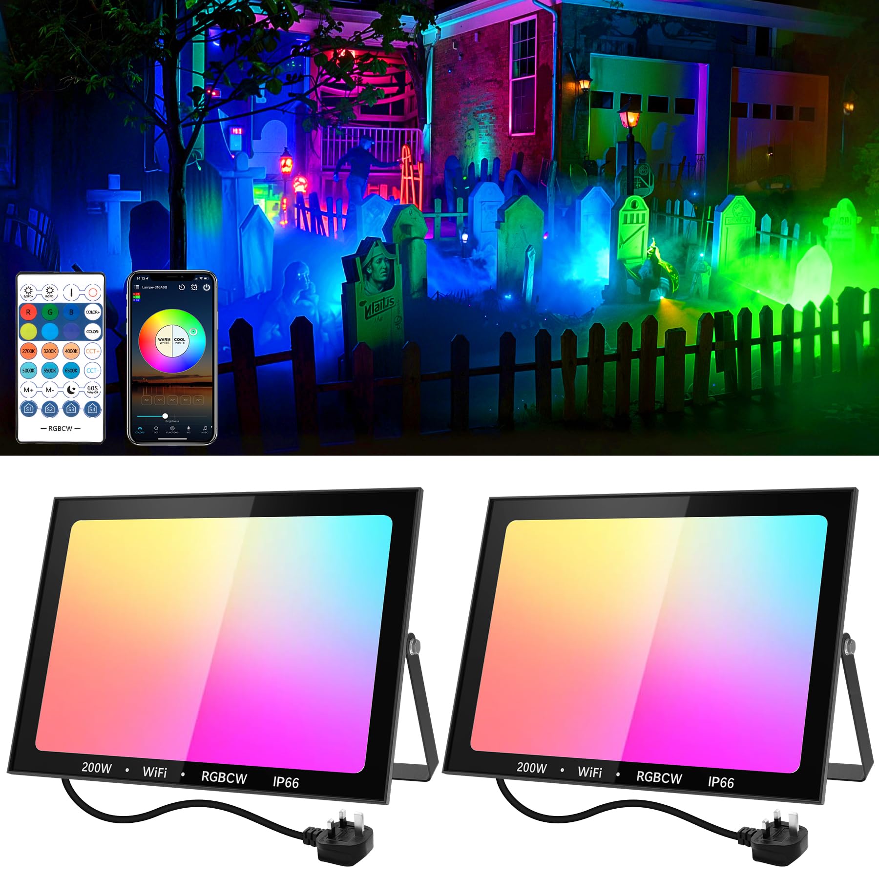 NATPOW LED Floodlight Outdoor 200W, Floodlights Outdoor Colour Changing with Remote&APP Control, DIY Mode Stage Lights, Security Lighting IP66 Waterproof for Garden, Decoration(2Pack)
