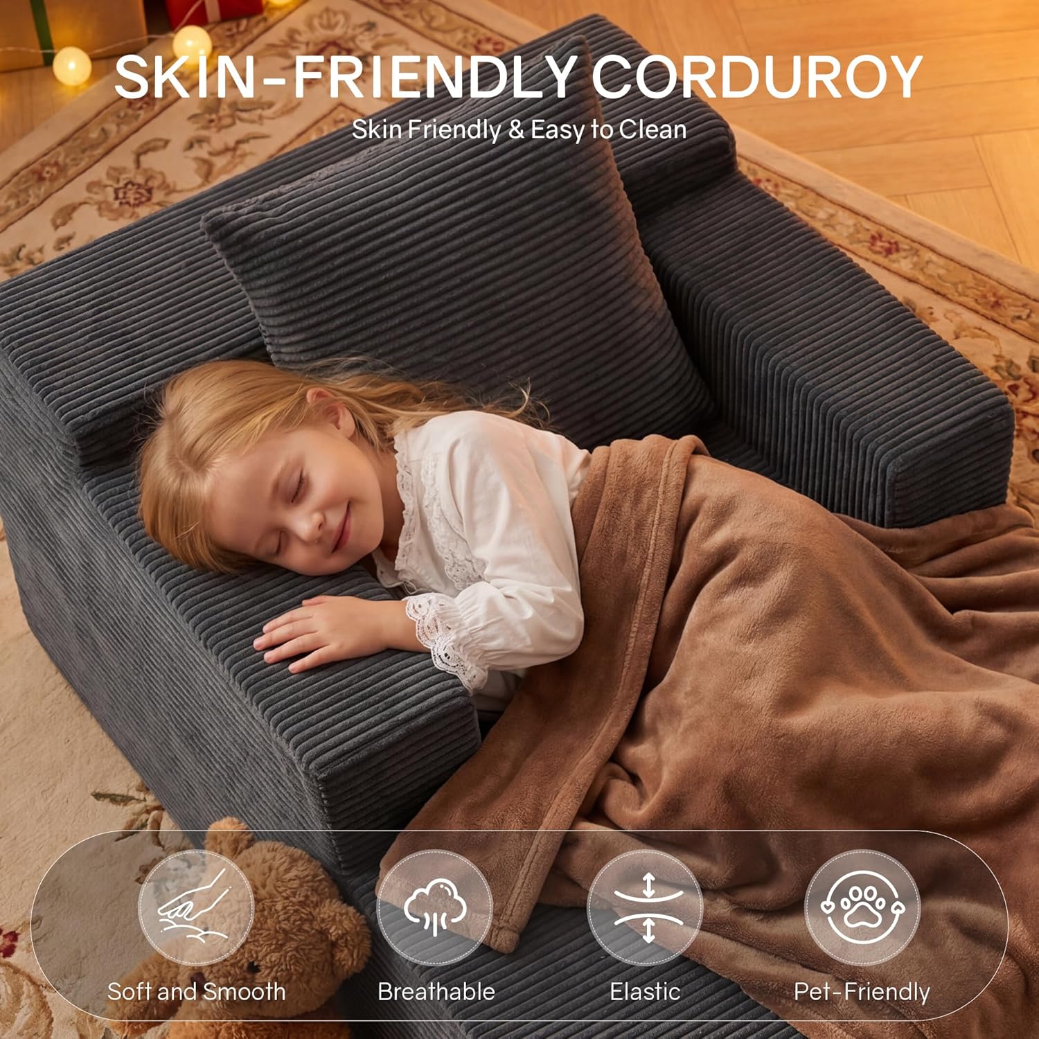 45'' Chaise Lounge Chair Indoor, Corduroy Boneless Sofa Bed, Deep Seat Sleeper Couch Reading Chairs for Bedroom Living Room, Movie Room | No-Assembly, Pet-friendly Fabric