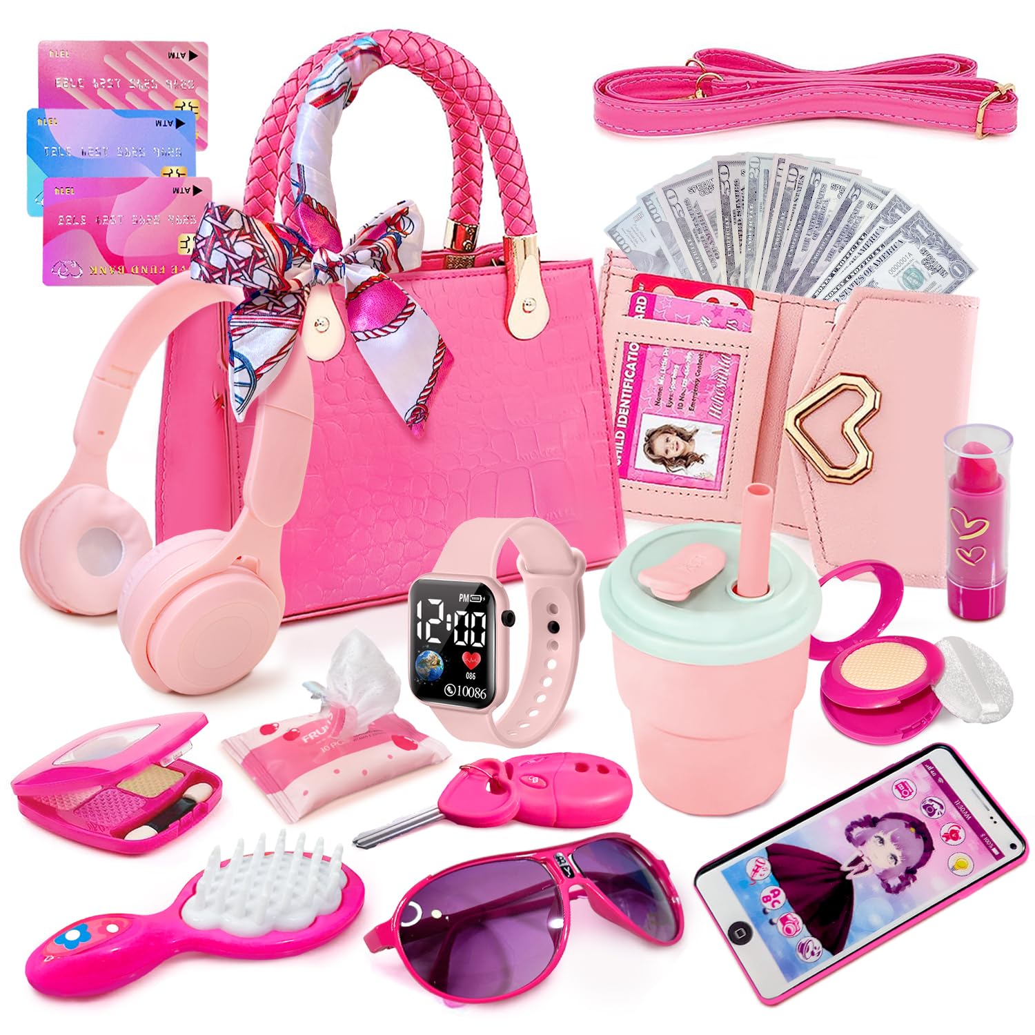 Bolso para niña con maquillaje de simulación para niños pequeños, juego de monedero para niños, incluye bolso, auriculares de juego, cartera, teléfonos, regalo de cumpleaños para niñas de 3 años en