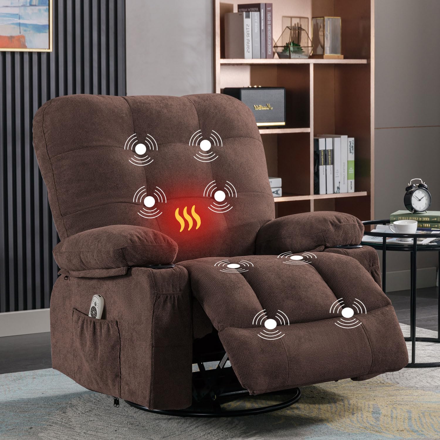 Bosmiller Relaxsessel mit Liegefunktion Elektrisch Fernsehsessel Oversize 360° Drehbarer Liegesessel mit Wärmefunktion Heizung Verstellbar Sessel Stoff TV-Sessel für Wohnzimmer, Braun