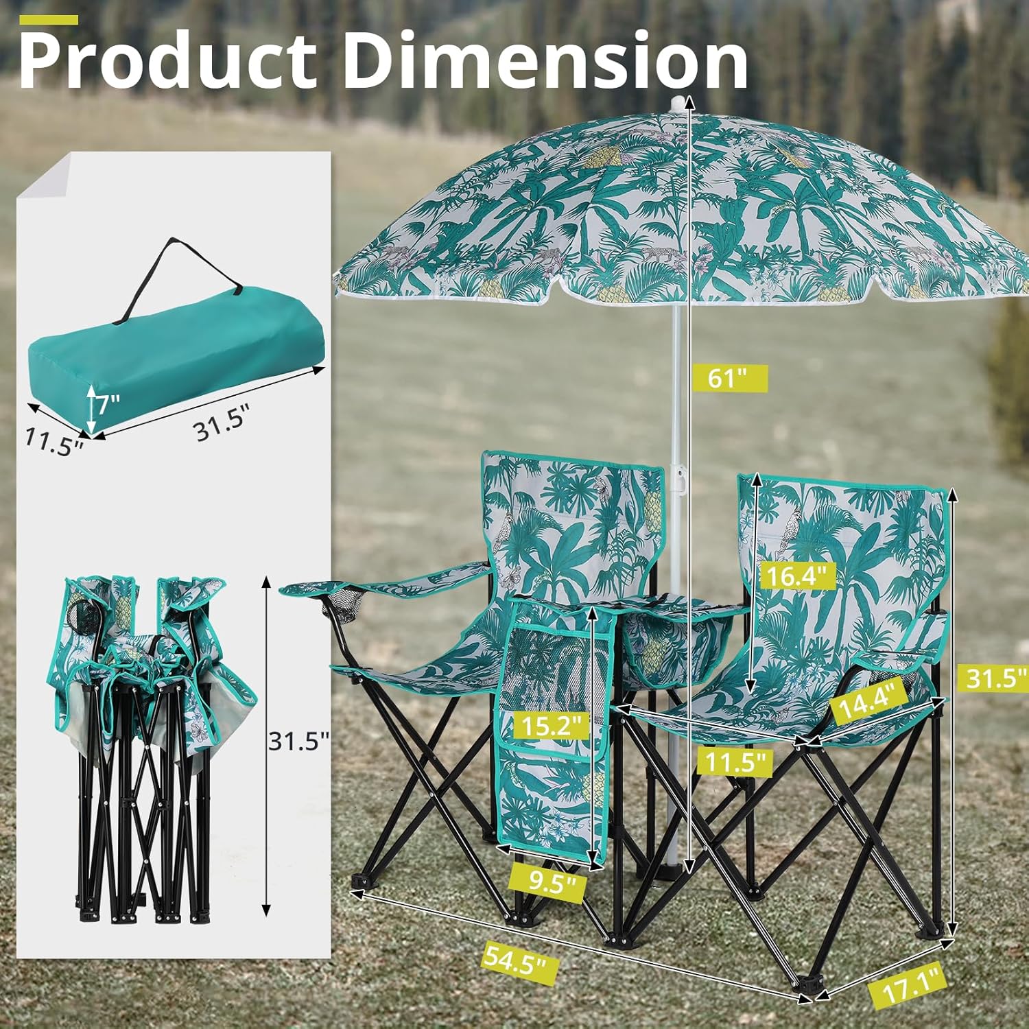 Folding Double Camping Chair with Removable Sun Umbrella,Outdoor 2-Seat Lawn Chair with Beverage Holder,Cooler & Carry Bag,Heavy Duty Foldable Camp Chair (Coconut Tree Pattern)