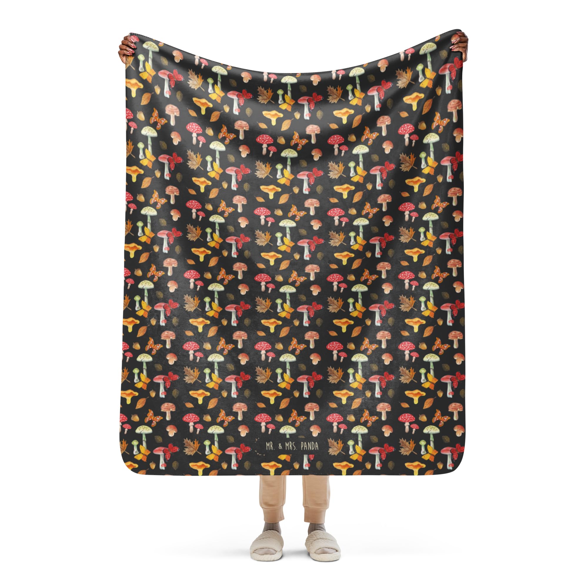 Mr. & Mrs. Panda Decke Pilze Schmetterlinge 130 x 155 cm - Geschenk, Heimdecke, Schmetterling Muster, Nachtfalter, Kuscheldecke, Tagesdecke, Sofadecke, Schmusedecke, Pilz
