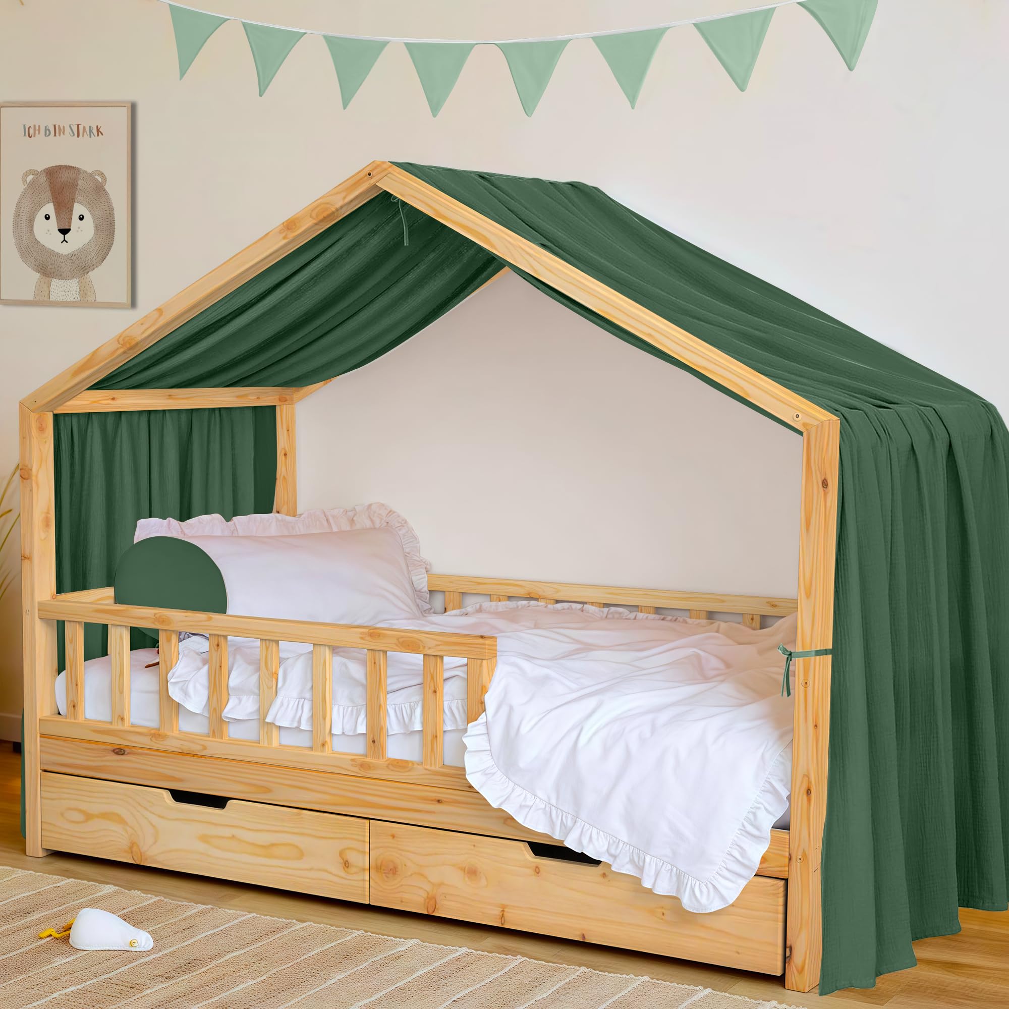 Hausbett Himmel Deko Set, Betthimmel Hausbett aus Musselin - 1 Betthimmel & 1 Wimpelkette, für Jungen Mädchen Deko für Kinderzimmer, Baldachin Kinderzimmer Deko I 135 x 320cm Eukalyptus