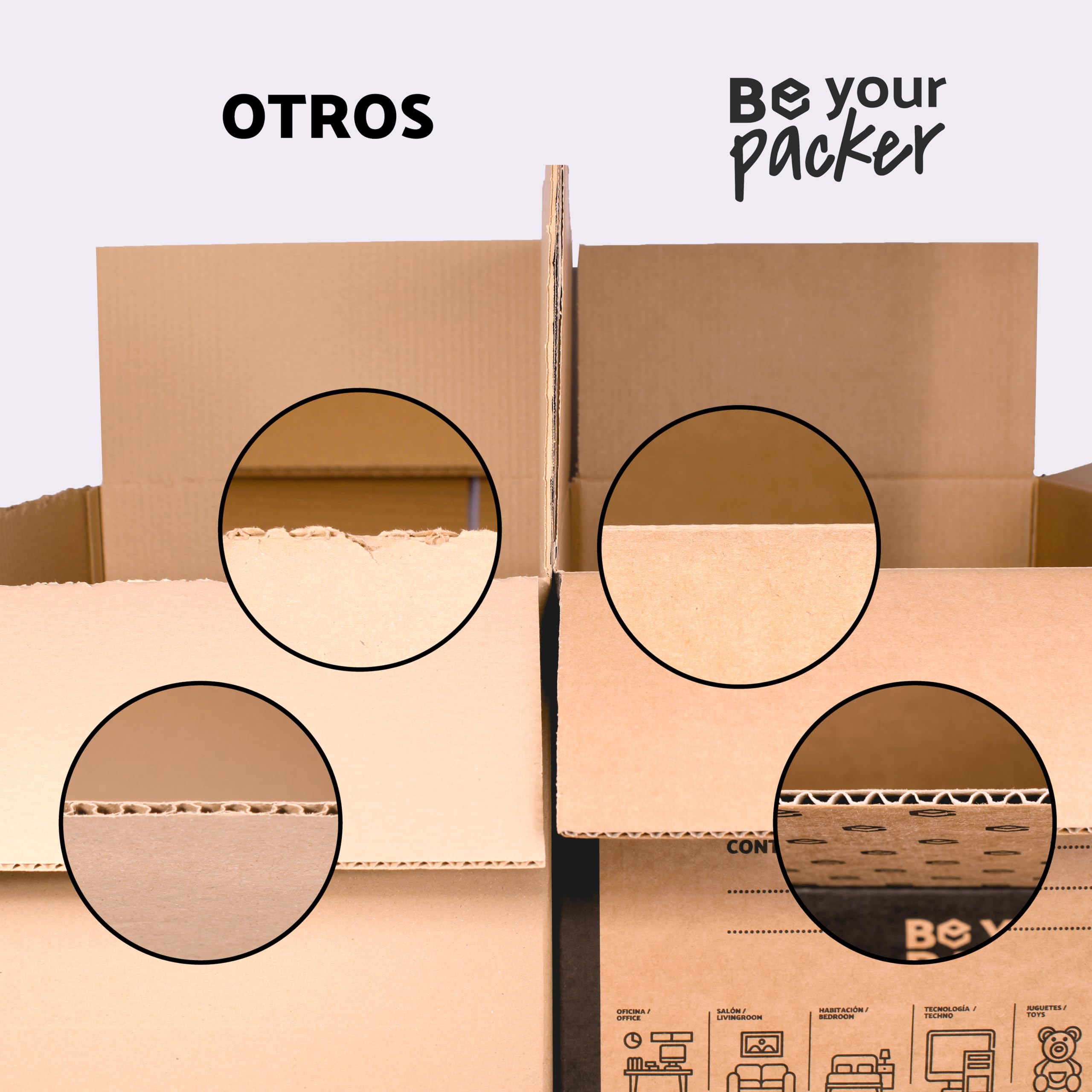 Cajas de Mudanza Pequeñas 43x30x25 cm con Asas, Pack de 50 | Be Your Packer | Cartón resistente fabricado en España. Con asas, ideal para transportar libros, ropa y vajilla. Envío rápido 24h.