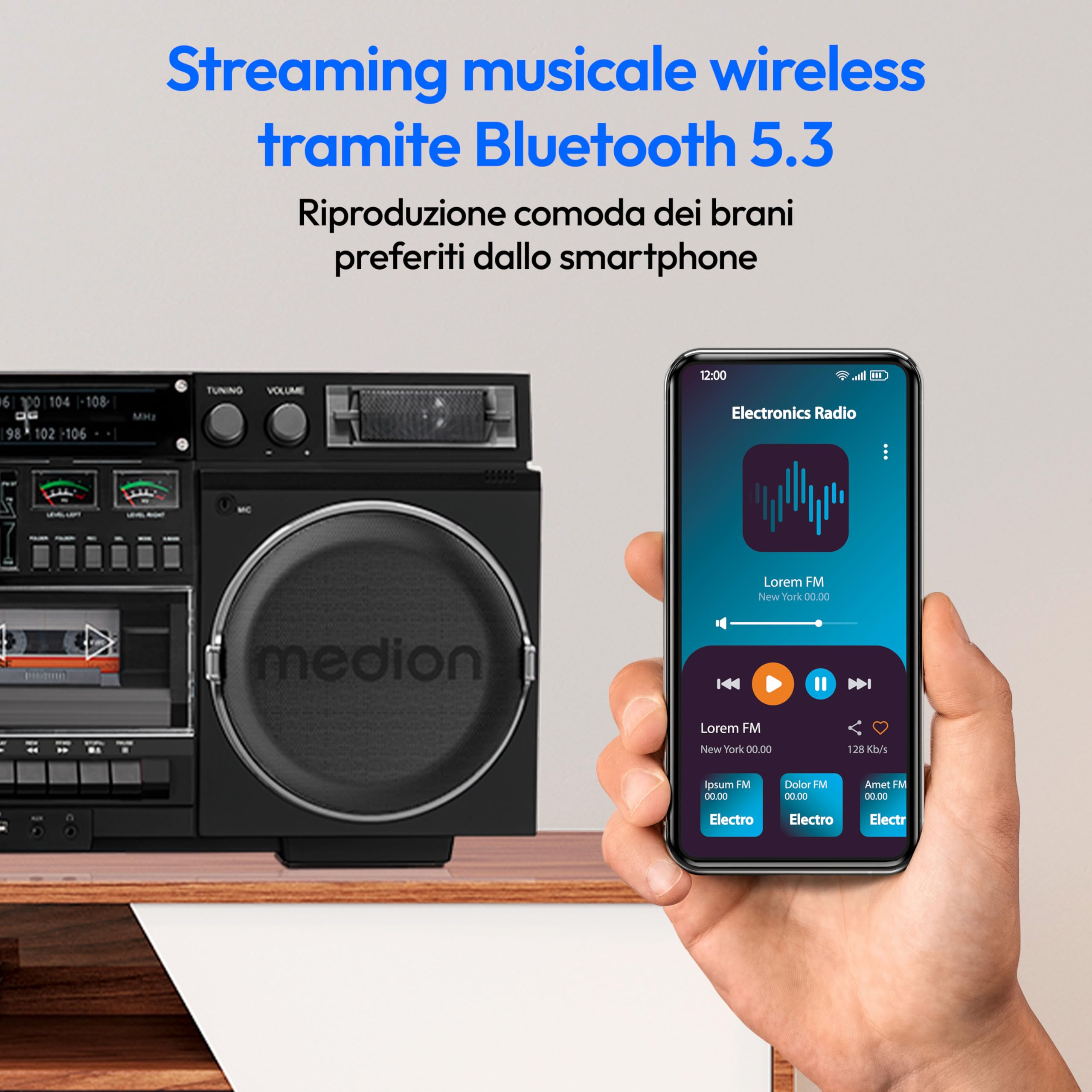 MEDION Registratore a cassette P66538 Ghetto Blaster retrò con lettore CD, Bluetooth, DAB+, USB, SD