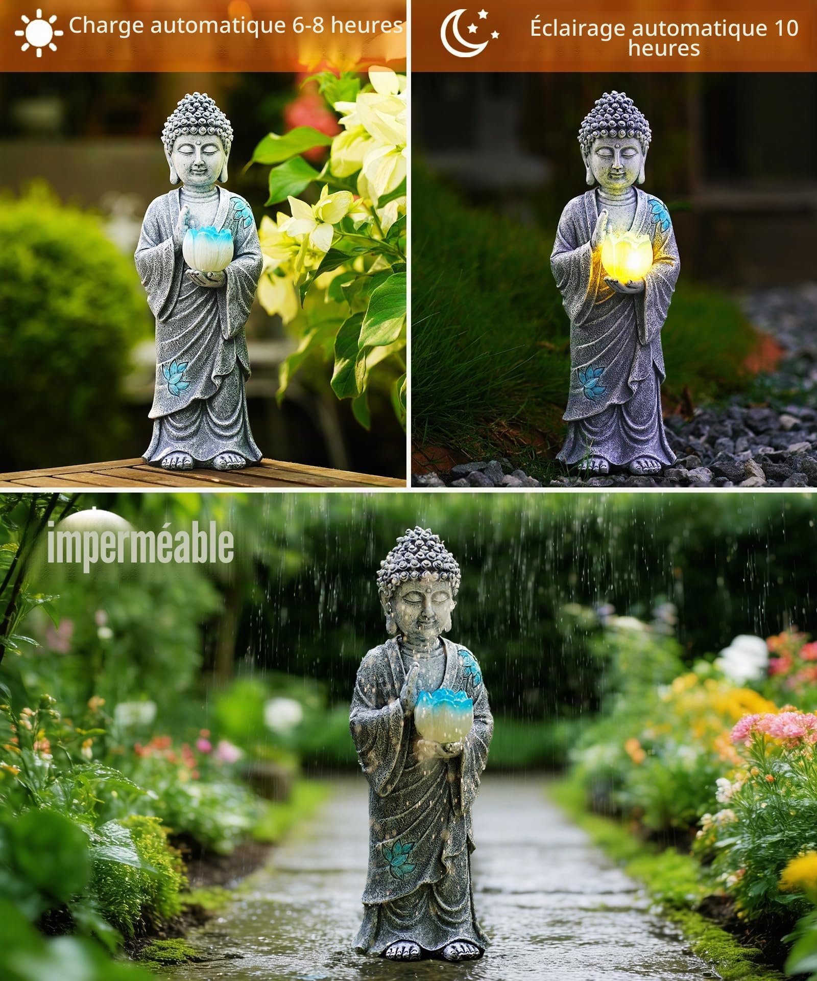 Goodeco Statue de Bouddha solaire avec lumières de lotus bleues – Décoration de jardin zen debout pour terrasse, cour, balcon, décoration de jardin – Cadeaux pour homme et femme – Gris méditation