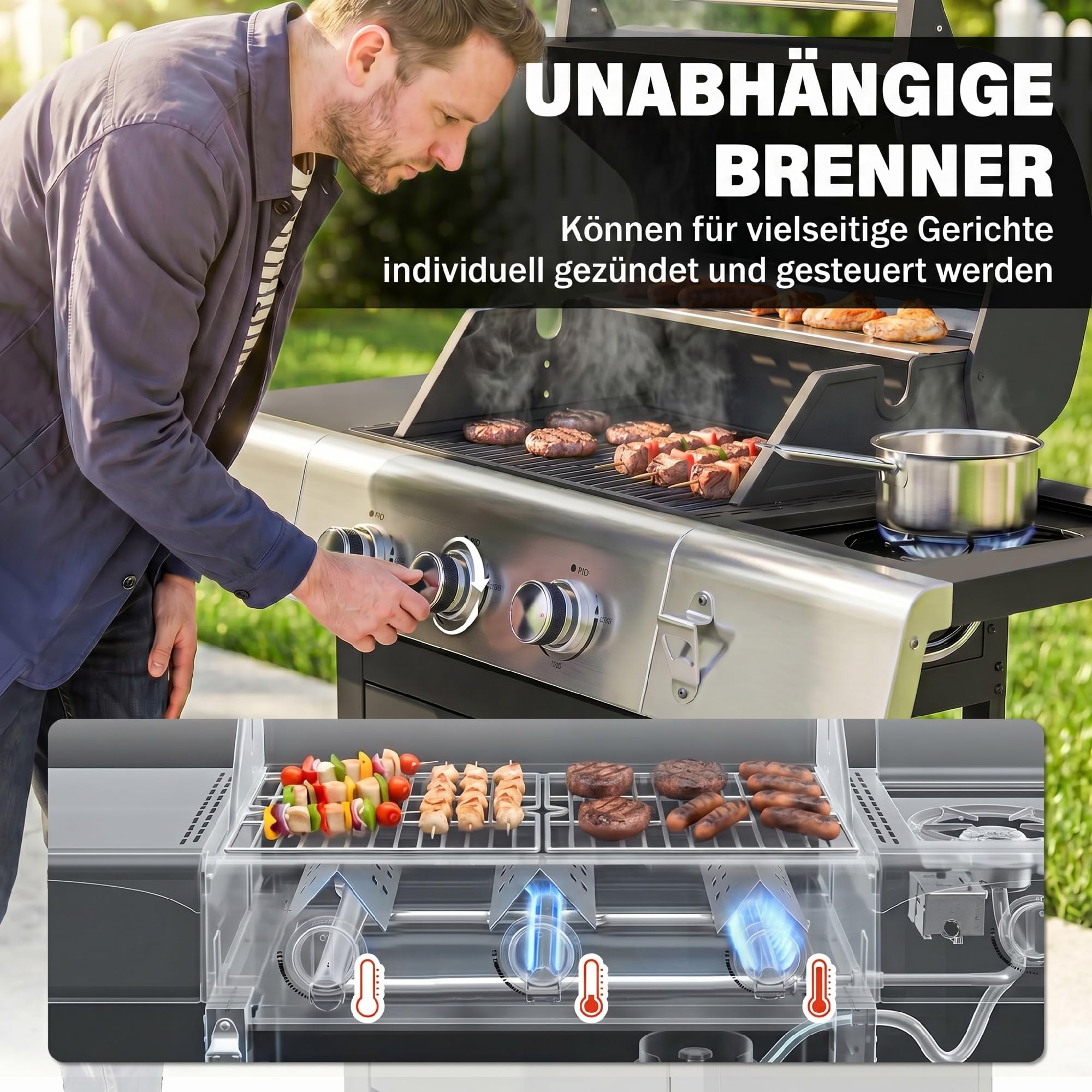 Outsunny Gasgrill 10,5 KW 3+1 Brenner BBQ Grillwagen Edelstahl inkl Seitenbrenner Flaschenöffner Thermometer Gusseisen-Grillrost Warmhalterost Rolle Seitentisch Unterschrank Gas-Grill für Balkon Party