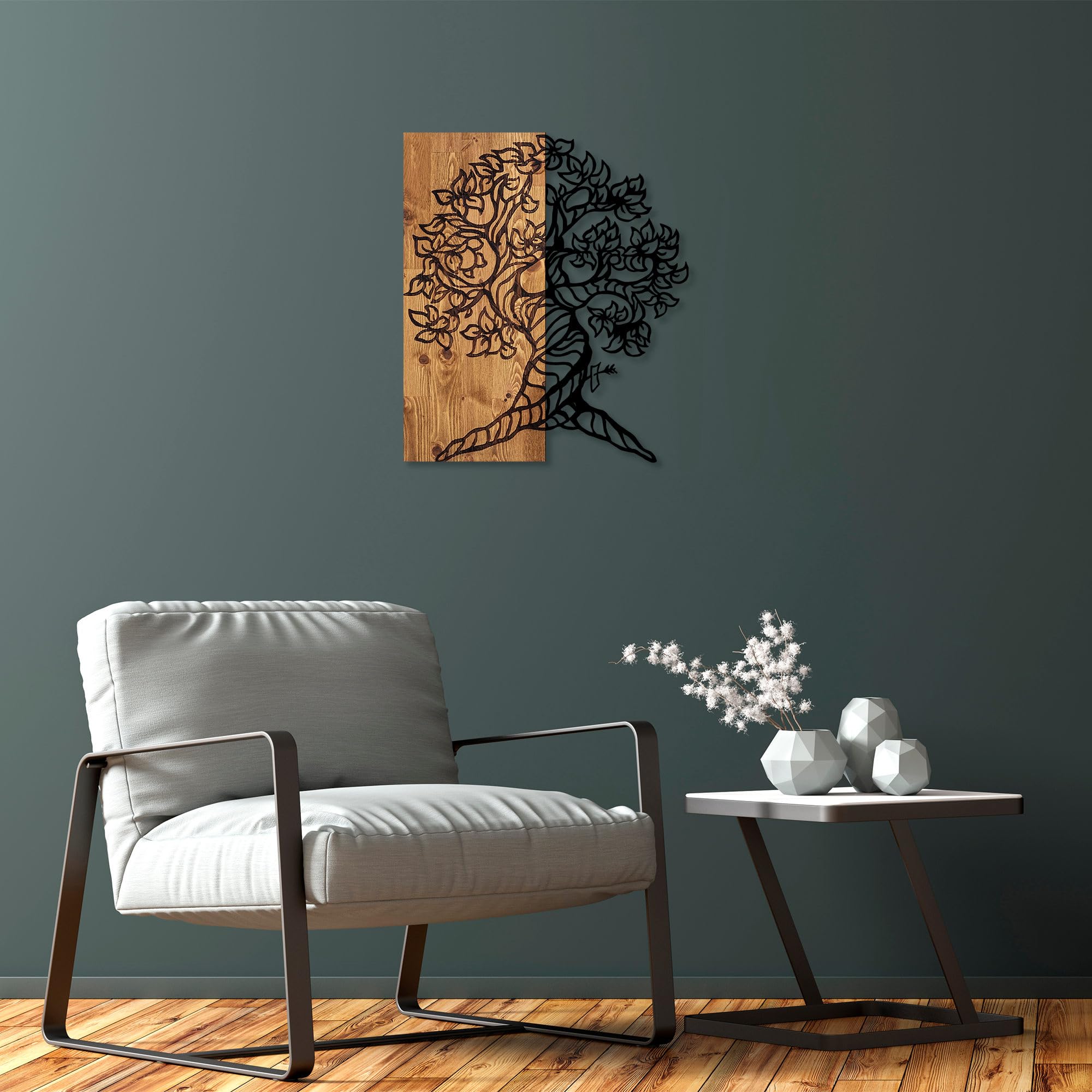 Elegant Decorative Wooden Wall Accessory, 50 x 58 cm, 50% Wood (3 cm Thick) & 50% Metal, Unique Walnut & Black Finish, Perfect for Modern Decor