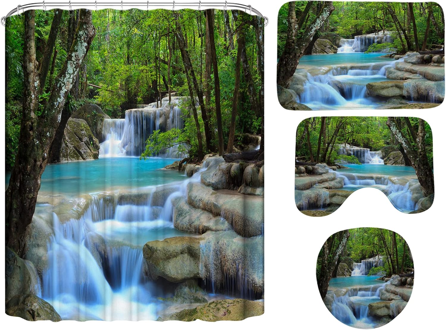 DDS-DUDES 4Pcs Shower Curtain Sets, Natural Scenery Spring Forest Waterfall Waterproof Bathroom Sets with Shower Curtain and Rugs Toilet Cover and Bath Mat, 12 Plastic Hooks (Forest Waterfall)