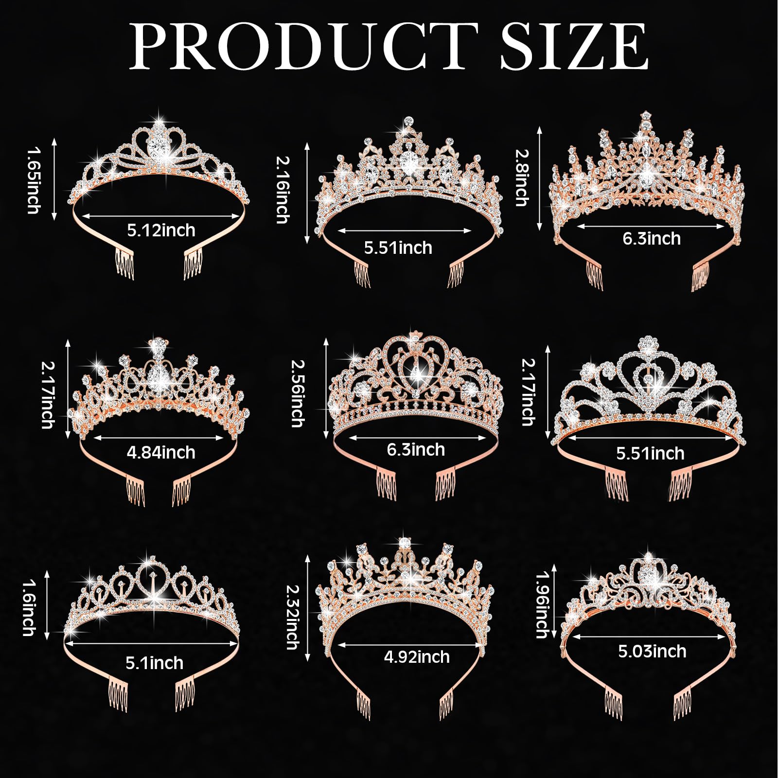 Zeyune 9 Stück Tiaras und Kronen für Frauen, Großpackung Kristallprinzessin Tiara Strass Brautkrone mit Kämmen für Hochzeit, Geburtstag, Quinceanera, Festzug, Abschlussball, Haarschmuck