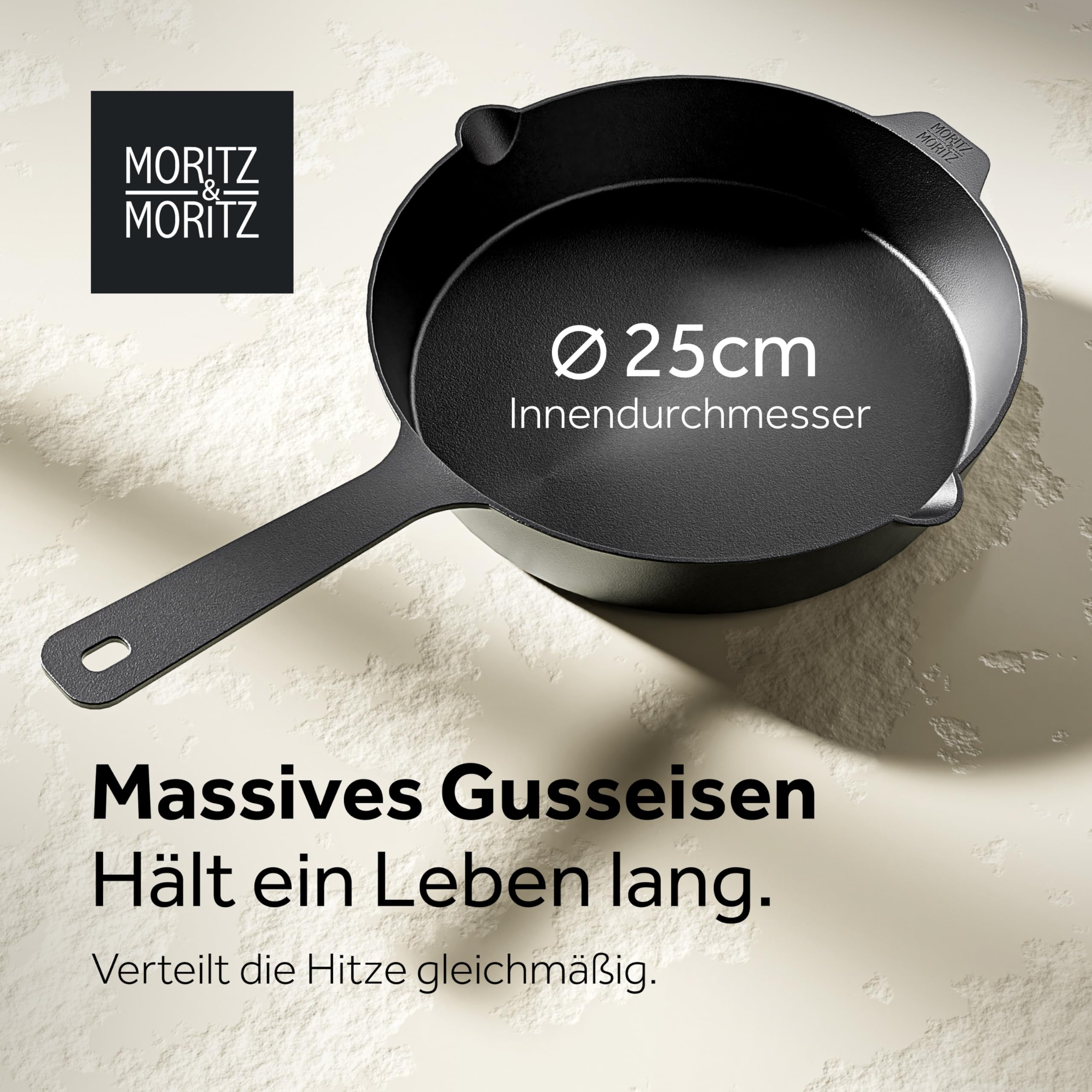 Moritz & Moritz Gusseisenpfanne Induktion 28 cm - Voreingebrannte Antihaft Pfanne Gusseisen Induktion für alle Herdarten, Ofen & Grill geeignet - Inkl. Pfannenwender - Cast Iron Pan Induction
