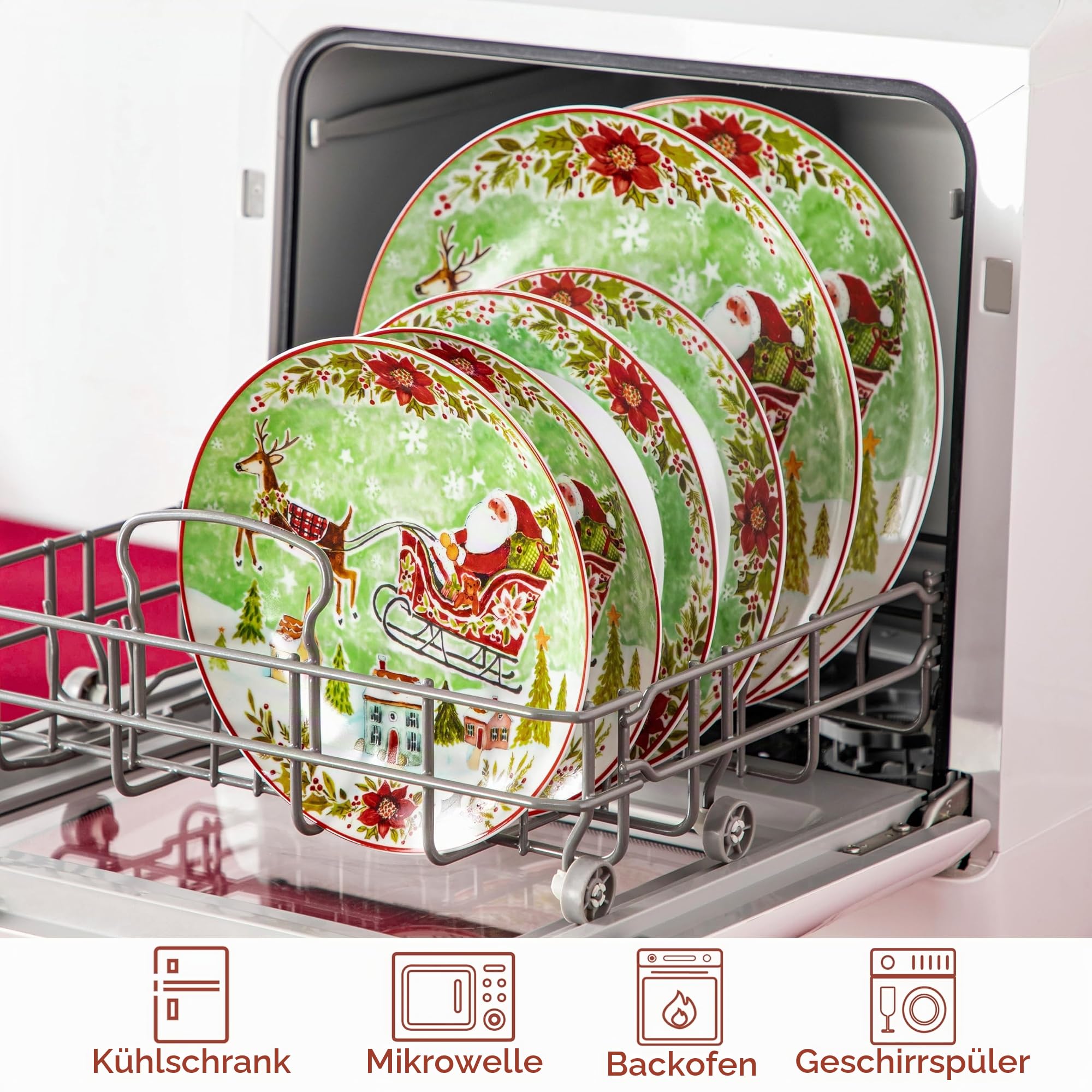 VEWEET, Serie XMAS, 18-teiliges Porzellan Weihnachtsgeschirr Set für 6 Personen – Teller Set aus 6 Speiseteller, 6 Dessertteller, 6 Suppenteller, Weihnachtsgeschirr mit Weihnachtsmann und Rentiere