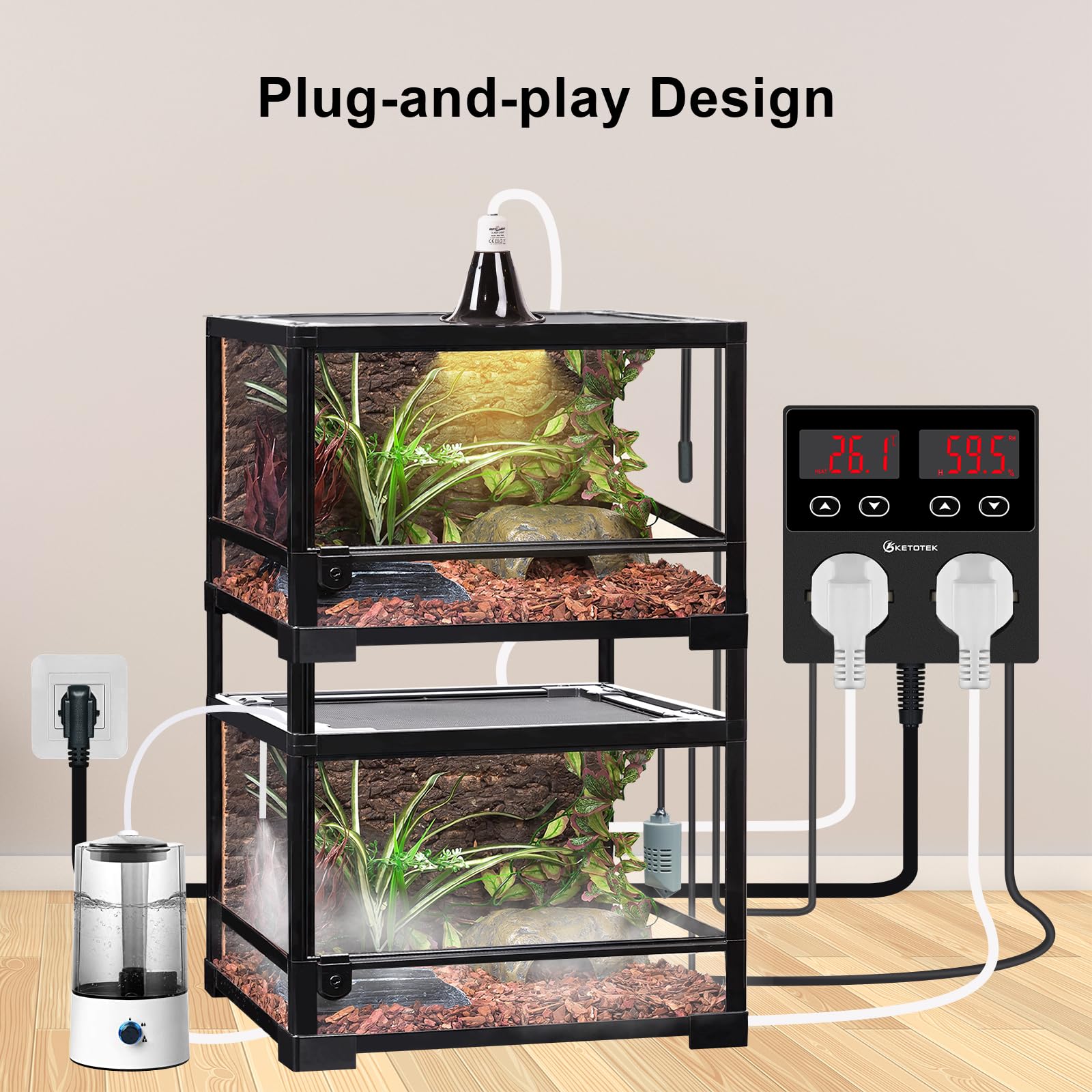KETOTEK Enchufe con Higrostato Termostato con Sonda, Controlador de Humedad y Temperatura Regulador Digital 220V con Alarma para Terrario Reptil Invernadero Incubadora Humidificador Deshumidificador