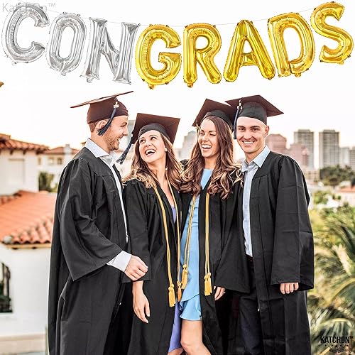 Miniatura 5 de KatchOn, Globos de felicitaciones plateados y dorados, 16 pulgadas, globo de graduación de felicitaciones, decoraciones de fiesta de graduación