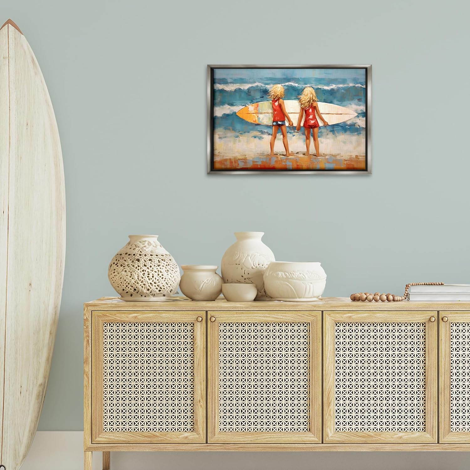 Stupell Industries Siblings with Surfboard Framed Floater Canvas Wall Art Design by Petal Prints Design, Gray Floater Frame, 25 x 17