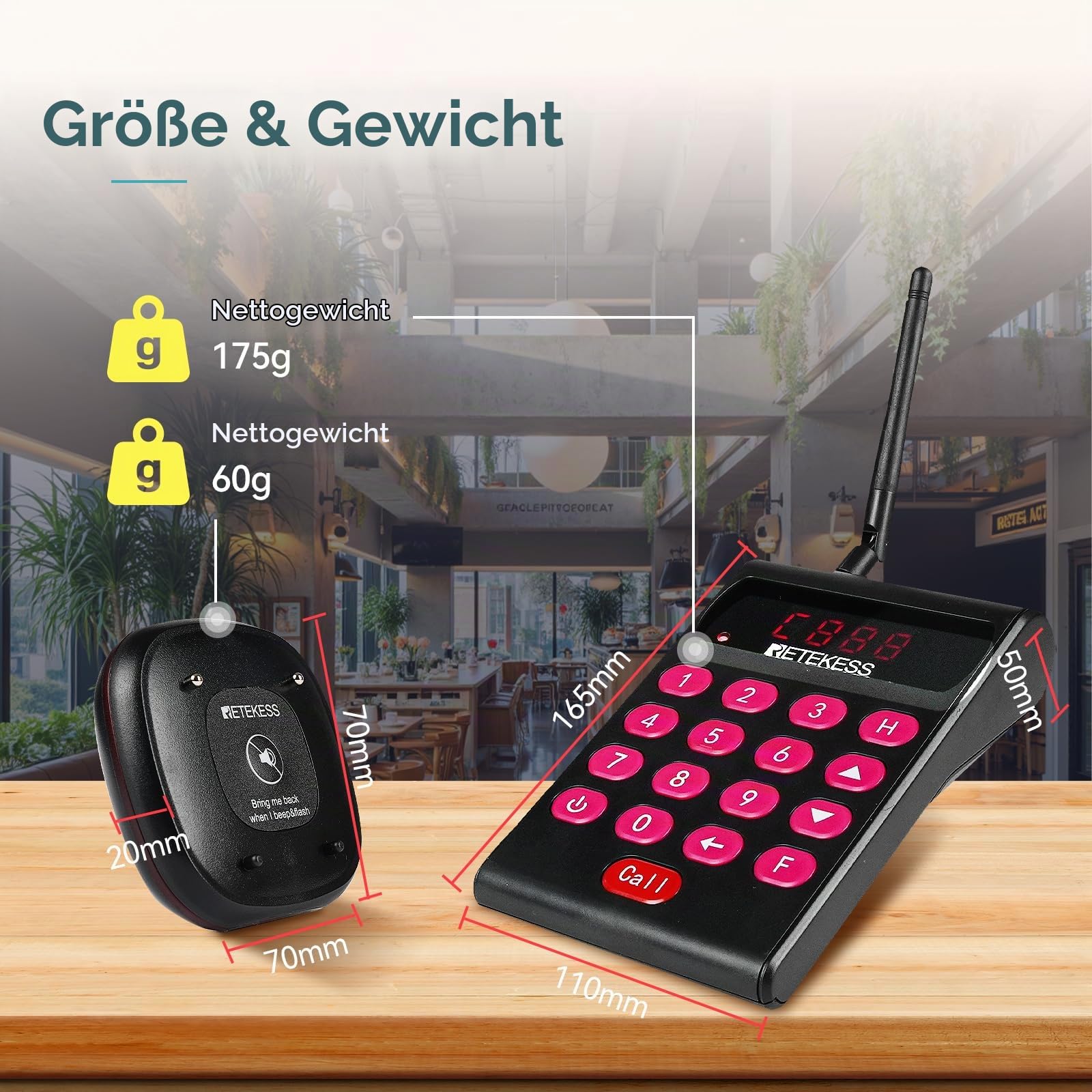 Retekess TD161 Pager Rufsystem, Restaurant Pager, 20 Pagers | für Café, Bar, Klinik, Draußen 500M, 300 mAh 20H, Plug-and-Play, 7 Anrufmodi, mit Stummschalttaste, Magnetisches Laden