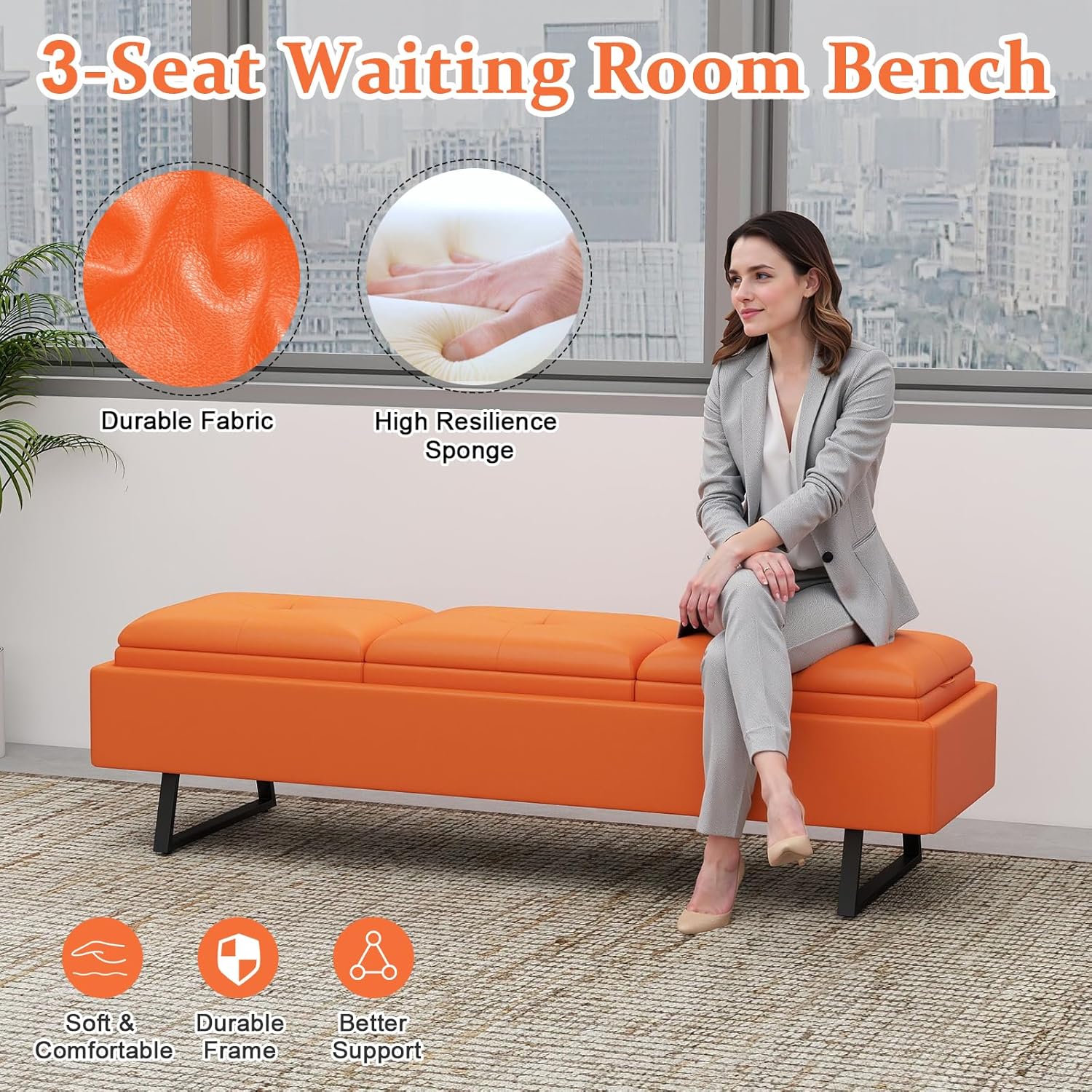 kinbor Waiting Room Chairs - PU Leather Office Guest Chair, 3 Seats Upholstered Reception Bench, Lobby Furniture for Salon, Shop Lobby, Orange