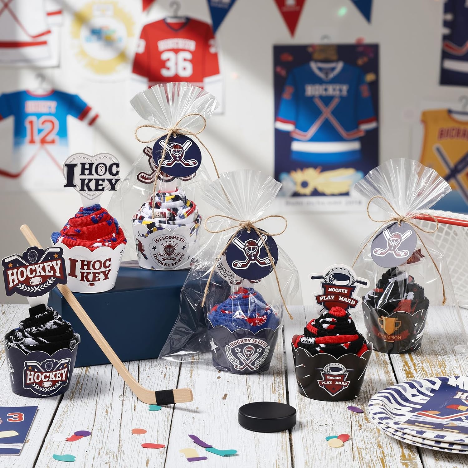 Foaincore 6 Pairs Hockey Cupcake Socks for Men Novelty Funny Sports Hockey Ball DIY Gift with Cupcake Packaging, Sports Team Gift for Birthday Party Favors - Image 2