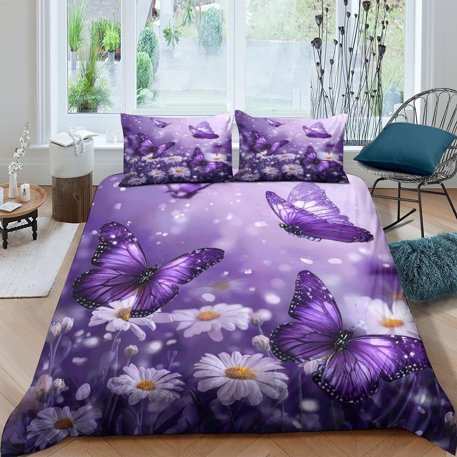 Ctjqhvkz Style-9 3D Printed Purple Butterfly Fitted Sheet Microfiber Soft Daisy Bed Cover For Bedroom Guest Room Decor Mattress Protection Single（135X200cm）