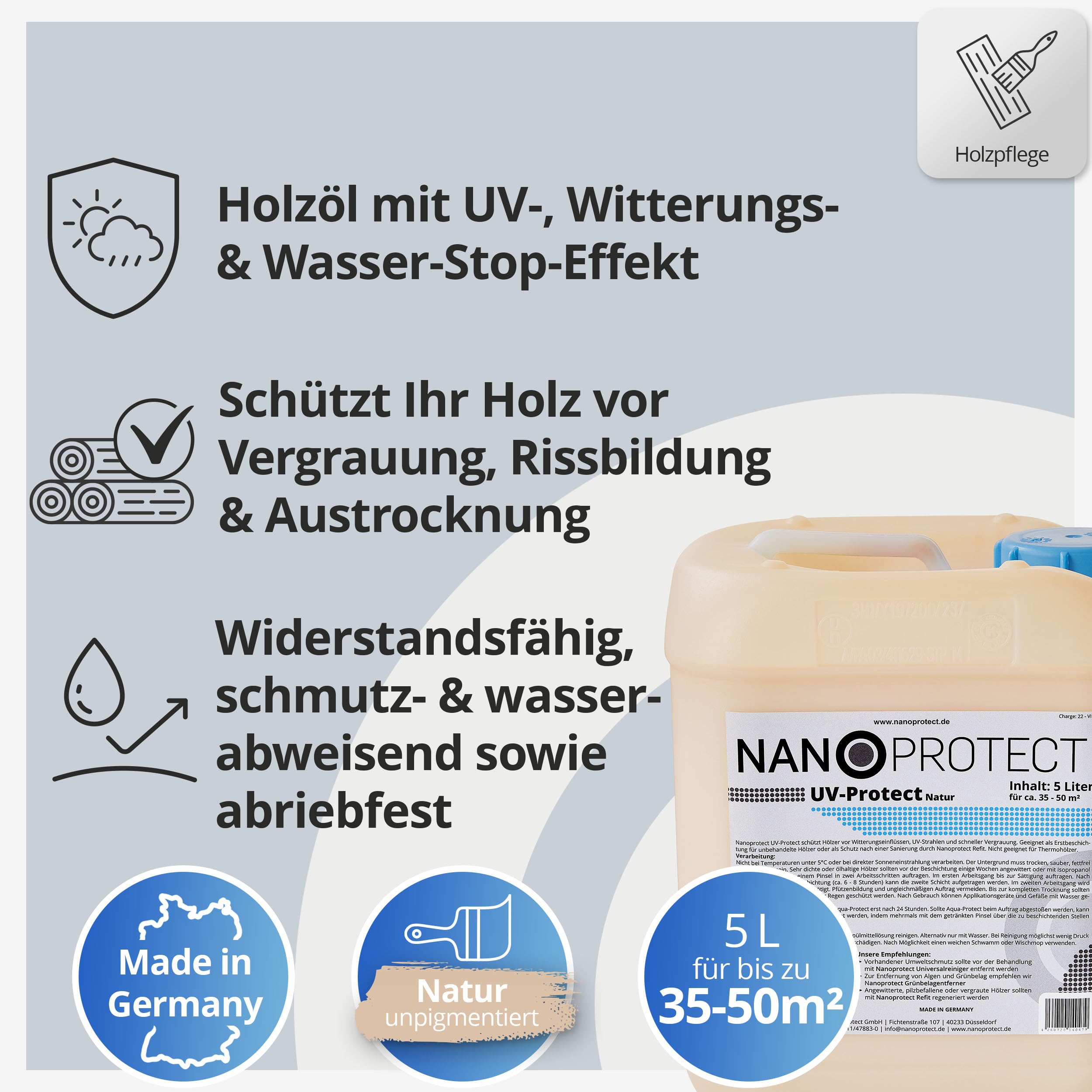 Nanoprotect UV-Protect | Holzöl | UV-Schutz | Witterungsschutz | Langzeitschutz gegen Vergrauung, Austrocknung und Rissbildung | 5 Liter | Natur - unpigmentiert | Für ca. 35-50 m²