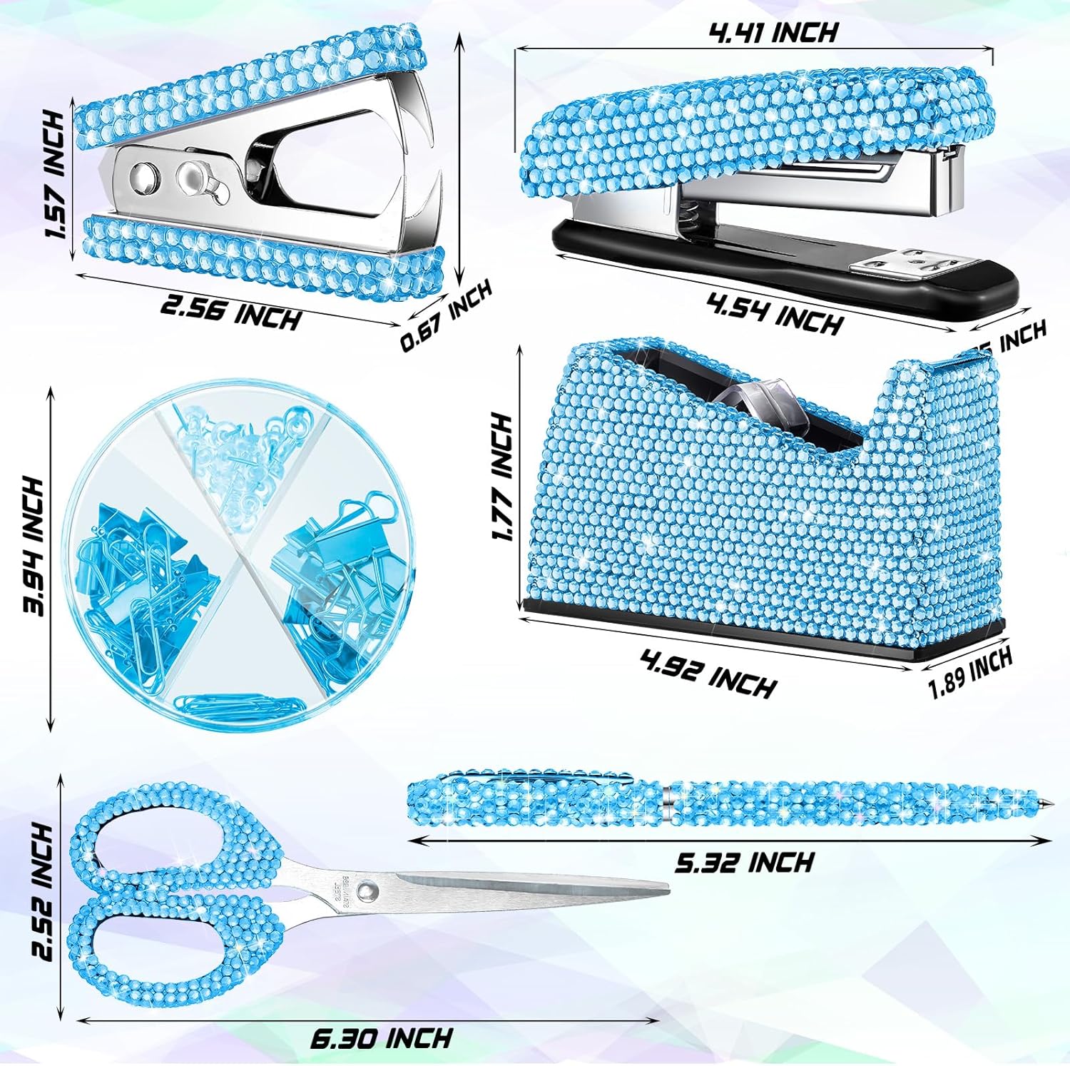 Demissle 6 Pcs Bling Office Desk Accessories Set Crystal School Stationery Kit Scissor Stapler with Staple, Tape Dispenser, Diamond Pen, Staple Remover, Binder Clip, Paper Clip, Push Pins(Blue)