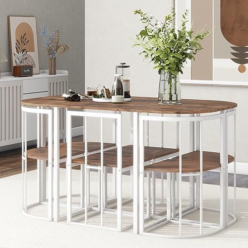 Merax Metal Kitchen Dining Table Set with Chairs for 6 Persons for Small Space 7 Piece Dining Room Table Set, White Cherry