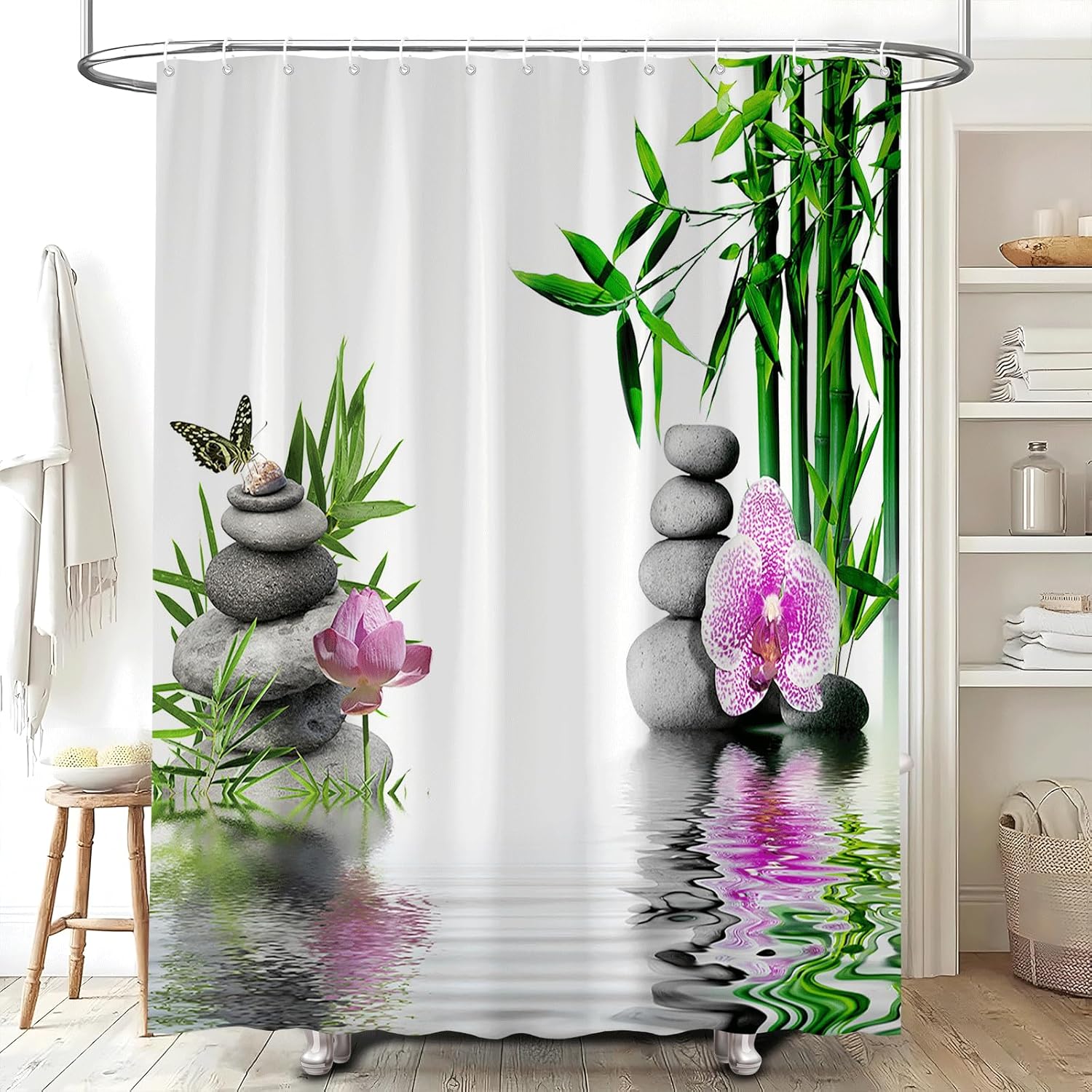 Zen Shower Curtain Green Leaf Floral Purple Flower Butterfly Lotus Black Stone Japanese Garden Relax Meditate Spring Nature Theme Rustic Polyester Curtains Bathroom Decor Set with Hooks 70Wx90H Inch
