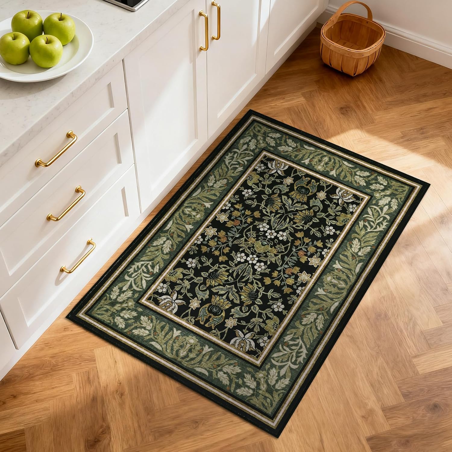GarveeHome 2x3 Entryway Area Rug Boho Vintage Rugs Non Slip Front Door Rug, Washable Indoor Kitchen Rugs Soft Low-Pile Stain Resistance Small Door Mat for Bedroom Green Black