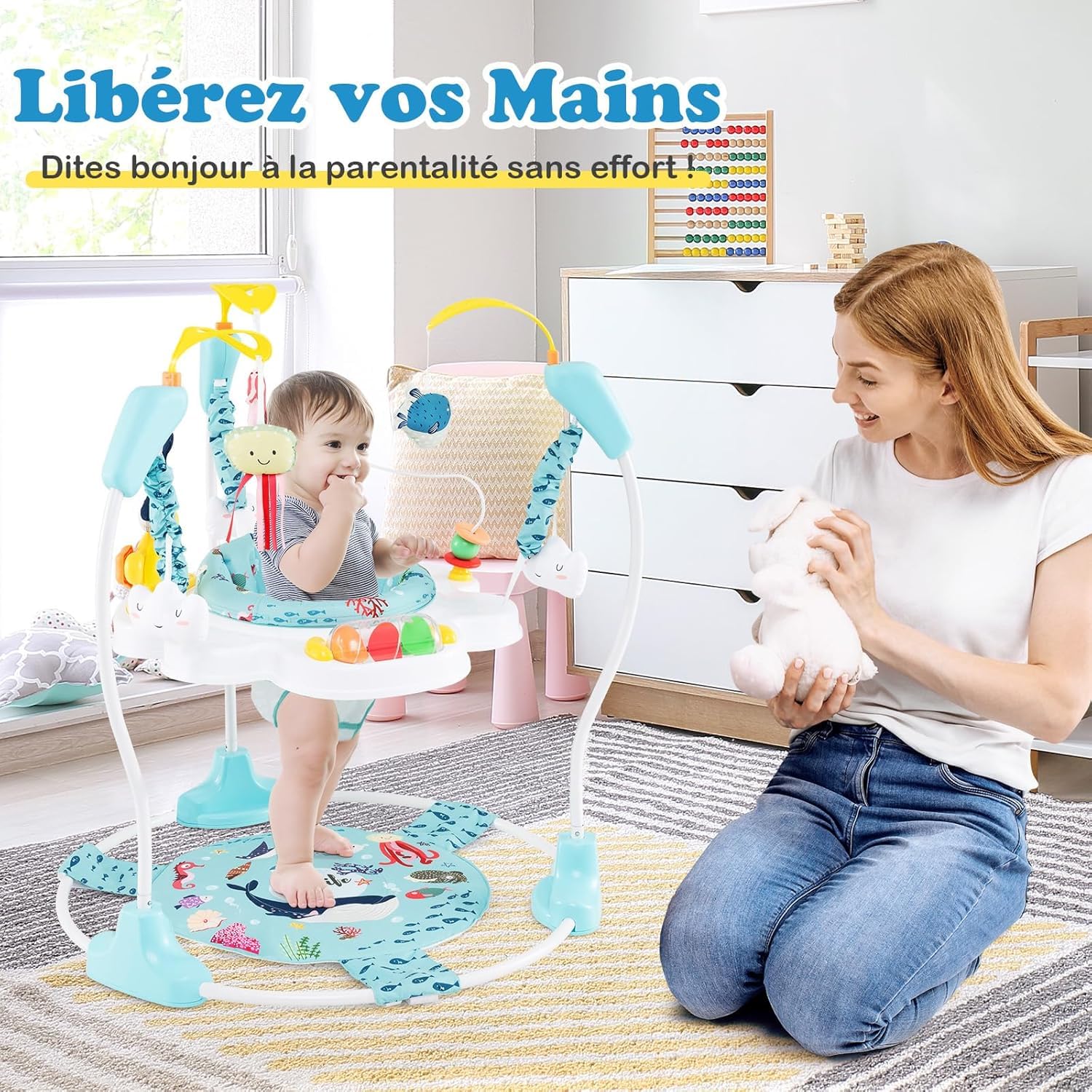 DREAMADE Jumperoo Jungle Bébé avec Siège Pivotant 360°&Amovible,Aire d'Éveil à Rebonds Animaux avec 3 Hauteurs& 9 Jouets&Musique&Lumière,Jouet Enfants 6Mois+ (Bleu+Océan)