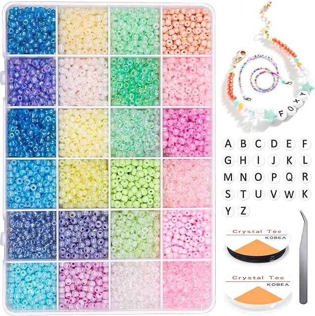 Yholin 1920pcs Glass Seed Beads - Jewellery Making Kit 4mm 6/0 Small Craft Beads Glass Pony Seed Beads with Elastic String for DIY Bracelet Necklaces Crafting Jewelry Making Supplies(24 Colors)