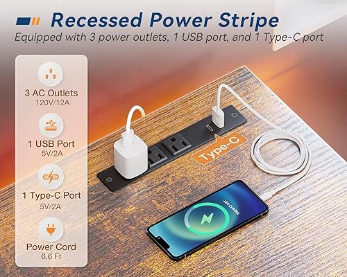 Miniatura 4 de KKL Escritorio pequeño con tomas de corriente y puerto USB, escritorio para computadora para oficina en casa y juegos, estilo simple y moderno,