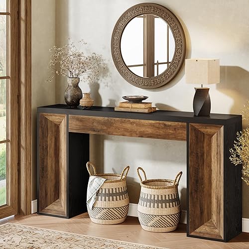 Tribesigns Mesa consola de 63 pulgadas, mesa de entrada de granja con diseño de doble tono, mesa rectangular de madera para sofá detrás del sofá,