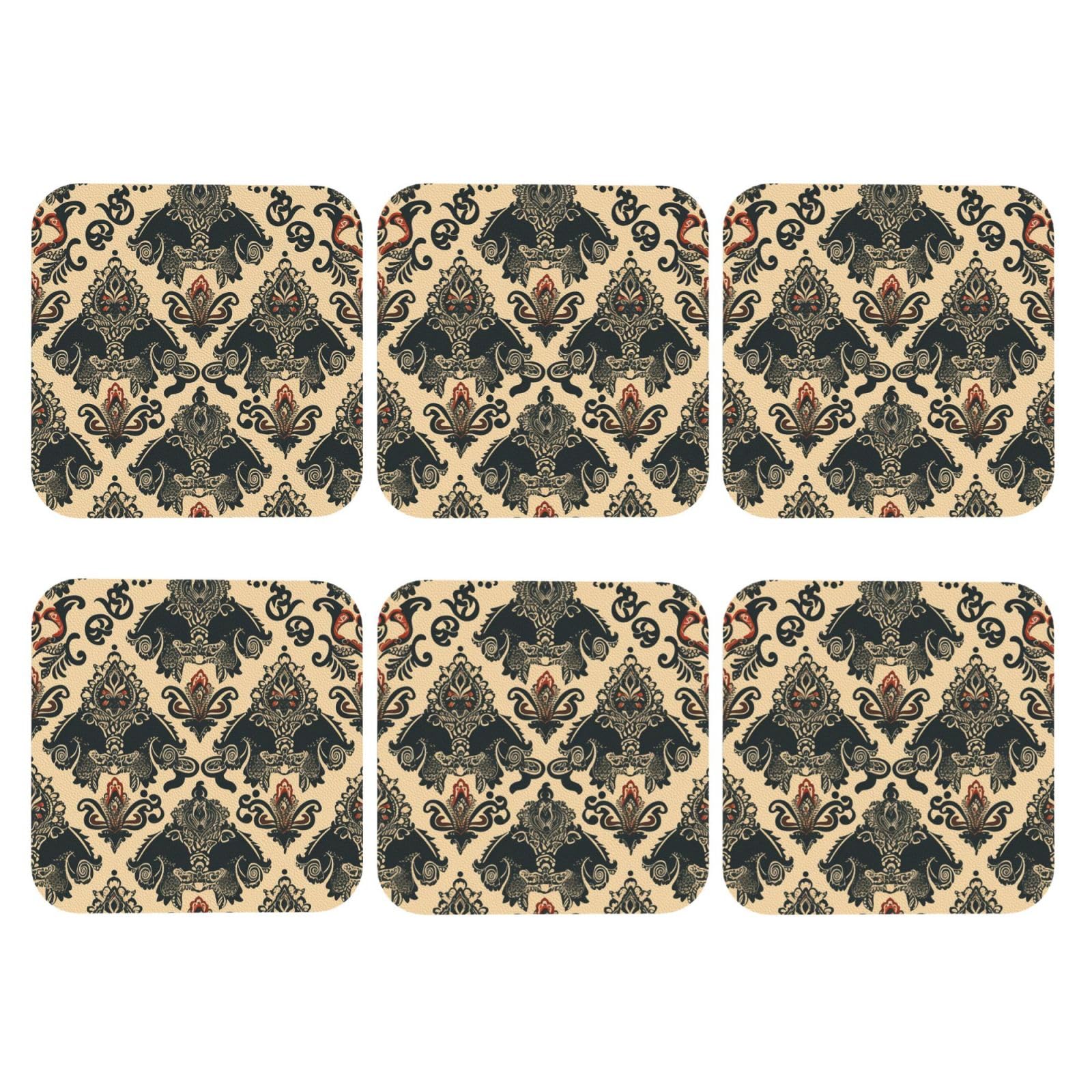 6Pcs PU Leather Coaster for Drinks, Asian Elephants Cup Coastersr 4" Cup Mat Pad, Aesthetic Drink Coasters for Coffee Table, Square Coaster for Tabletop Protection