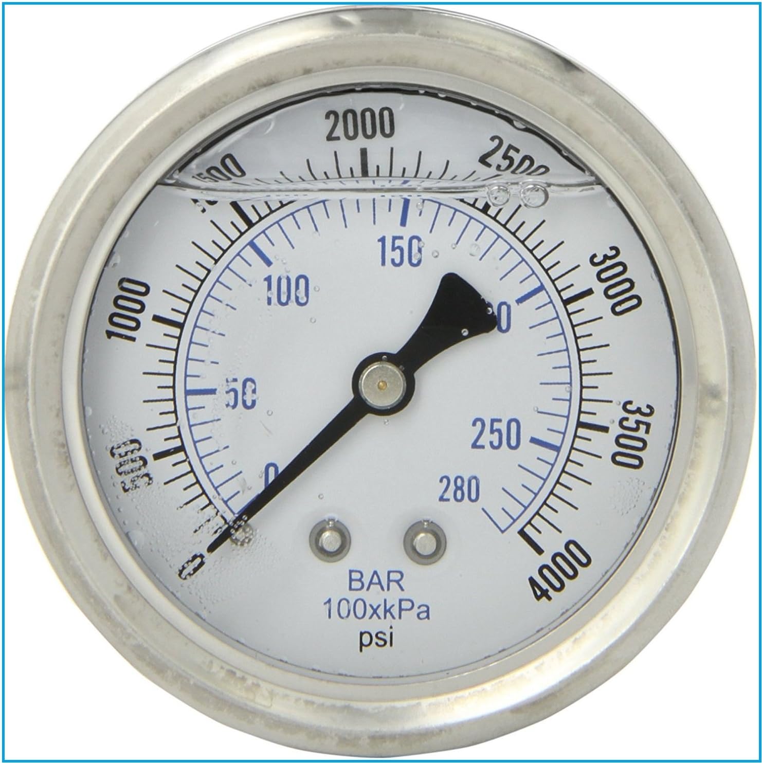 Liquid Filled Pressure Gauge, 2.5 DIAL Display, Stainless Steel CASE, Brass INTERNALS, 1/4 Male NPT Back Mount Connection, Dual Scale PSI & BAR (0-4,000 PSI)