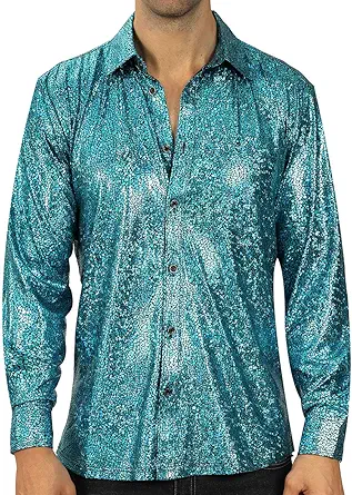 WULFUL Men Dress Shirt Sequins Long Sleeve Button Down Shirt Luxury Disco Party Nightclub Christmas Prom Costume