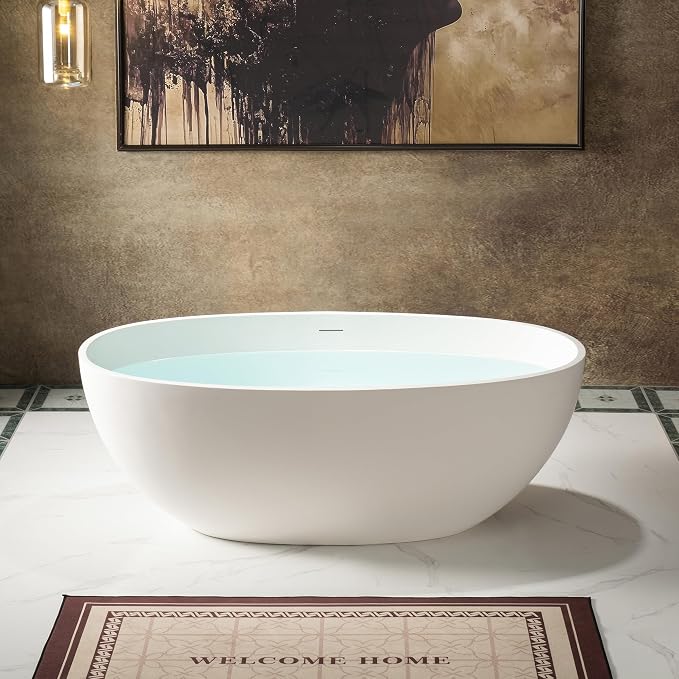 WOODBRIDGE 59" Stone Resin Freestanding Soaking Tub, Modern Oval Solid