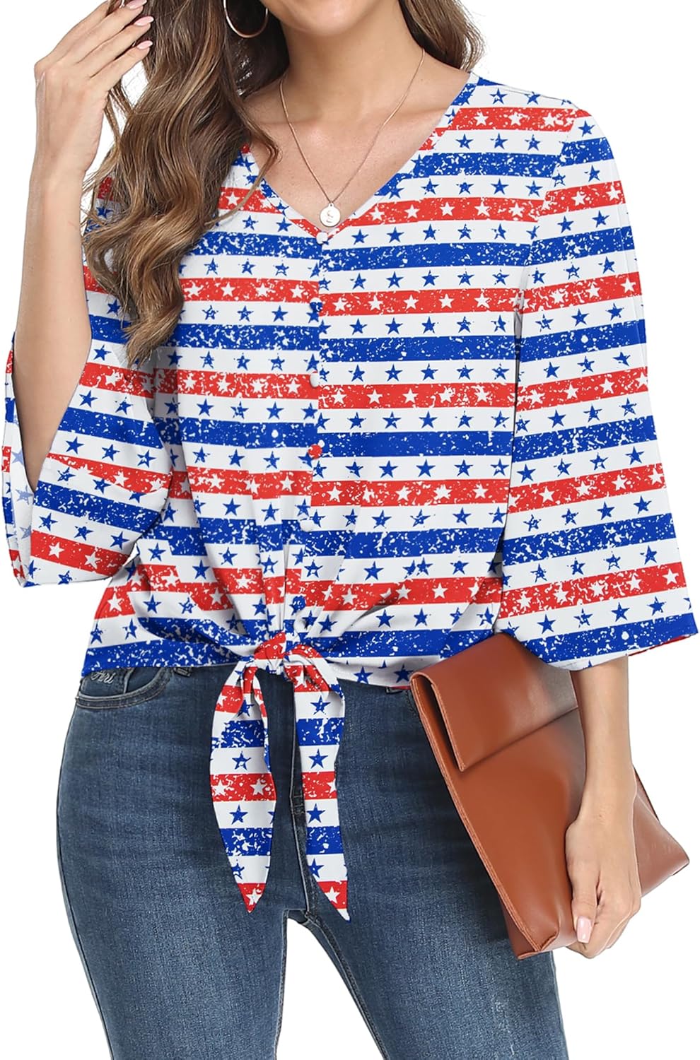 VIISHOW Women's Button V Neck Chiffon Tops 3/4 Bell Sleeve Tie Knot Casual Blouses Loose Summer Shirts