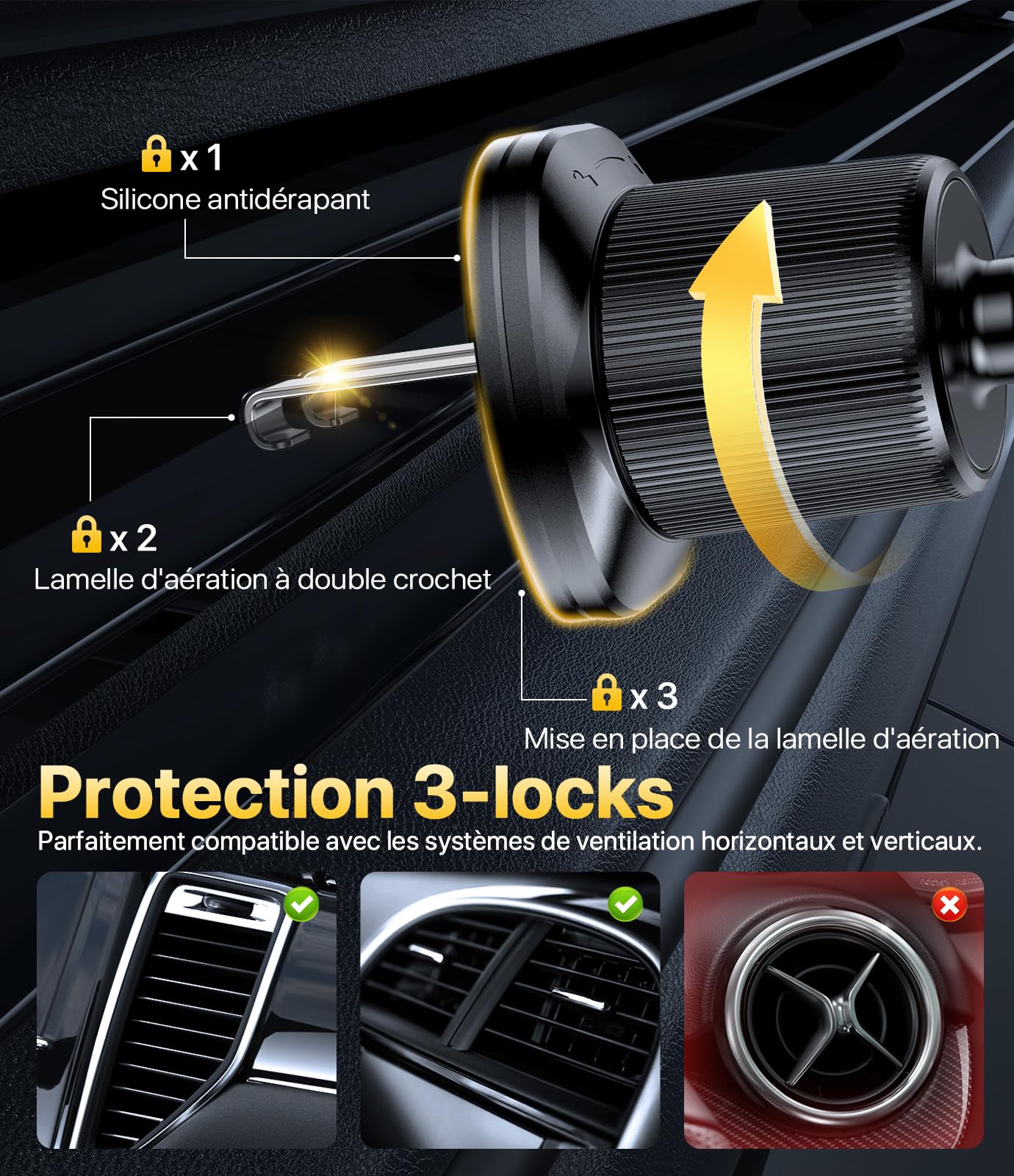Miracase Support Telephone Voiture Bouche D'aération[2026 Double Crochet Métallique Amélioré] Mains Libres Porte Téléphone Voiture Rotation 360° Compatible Tous Les Smartphone