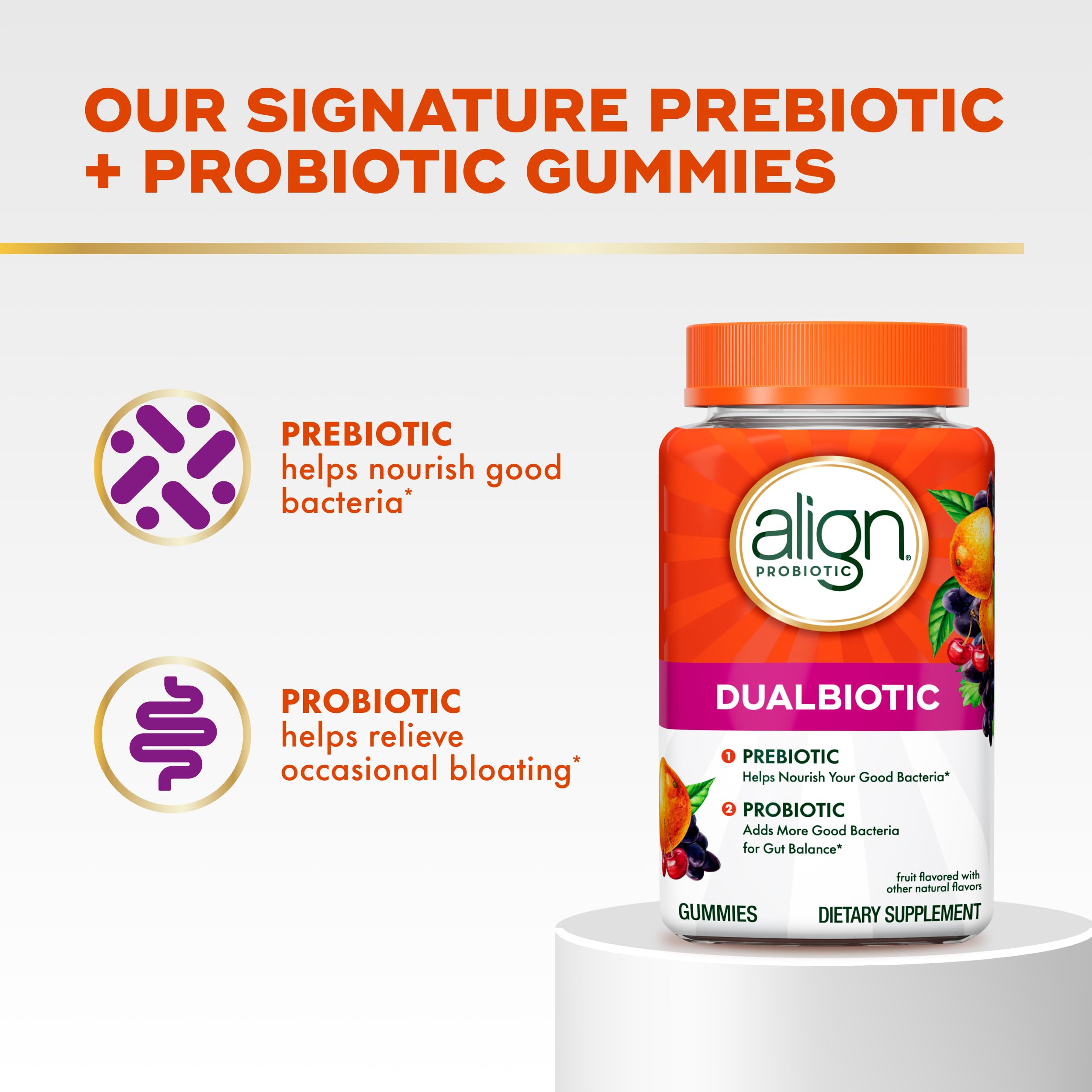 Align Dualbiotic, Prebiotics and Probiotics for Women and Men, Probiotics for Digestive Health, Prebiotics Help Nourish Good Bacteria, Natural Fruit Flavors, 90 Probiotic Gummies — Amazon image 2