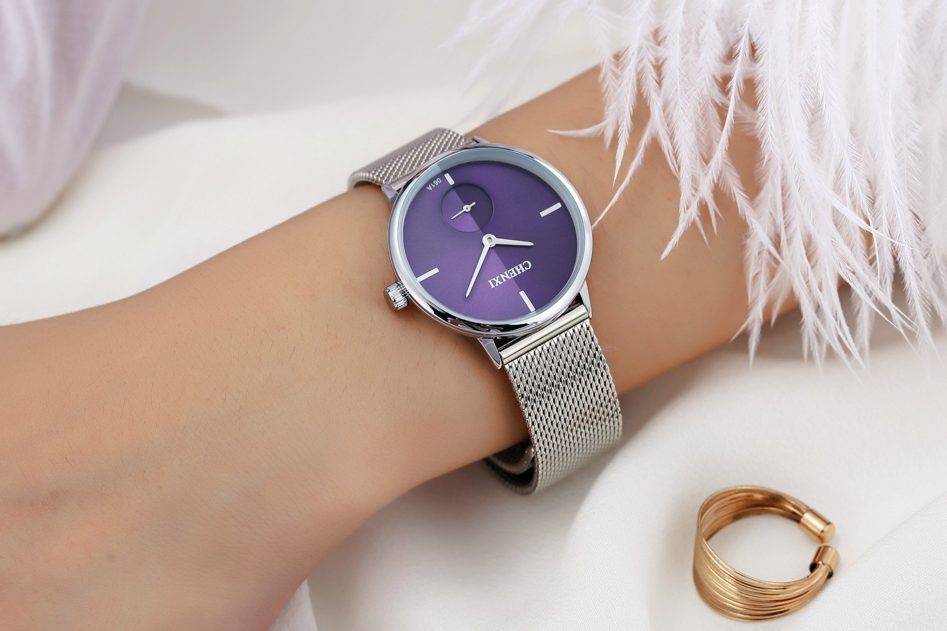 Reloj de pulsera con correa de malla tejida de acero inoxidable plateado para mujer, diseño simple, pantalla analógica, reloj de cuarzo, Púrpura, Reloj de cuarzo 2