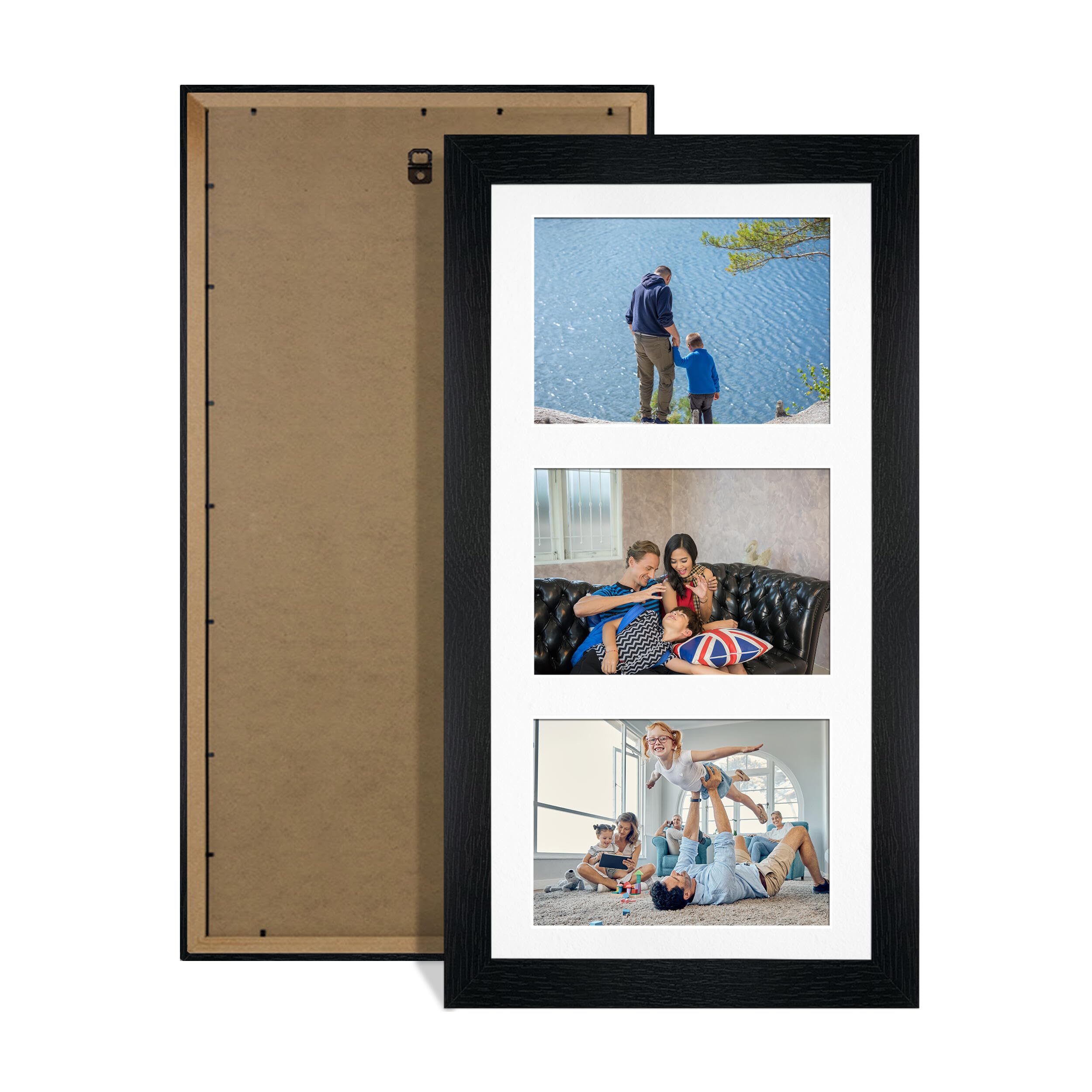 Alison Kingsgate Black 40x20cm Photo frames for multiple pictures -3 Apertures Collage Frame with White Mount - Holds (3x) 6x4 Photos - Engineered Wood & Perspex