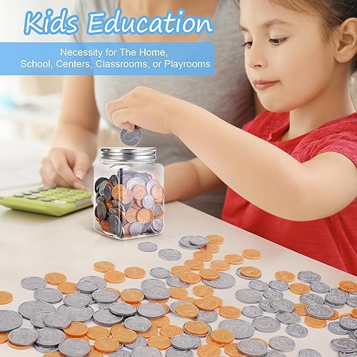 Miniatura 6 de Juego de monedas de dinero para niños, 250 monedas de dinero falsas detalladas con frasco, juego de monedas de dinero falsas de enseñanza realista,