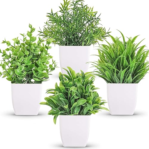 Der Rose Paquete de 4 pequeñas plantas falsas de imitación en macetas para decoración del hogar, oficina, dormitorio, sala de estar