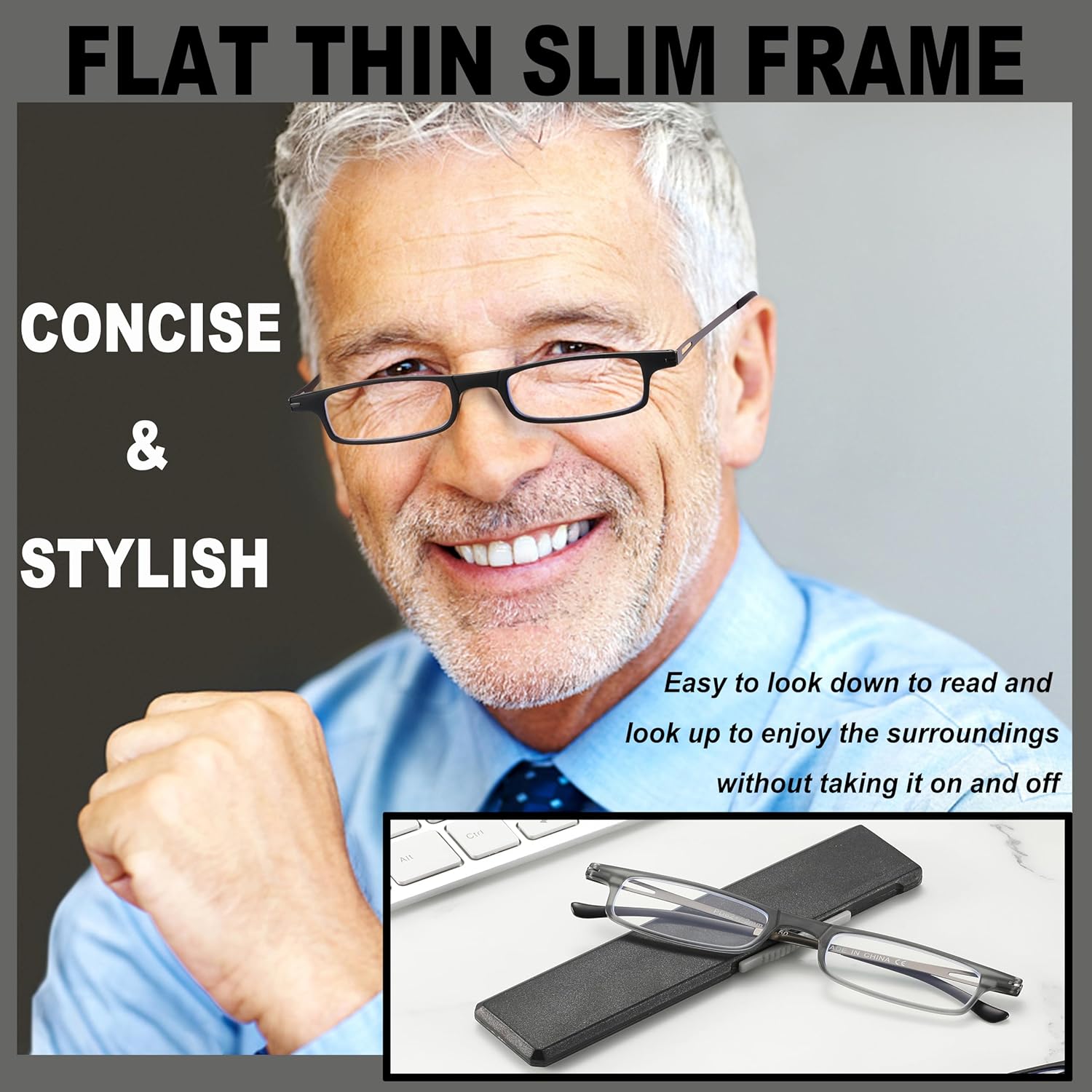 Compact Folding Reading Glasses Anti Blue Light UV, Ultra-thin Slim TR90 Readers with Portable Flat Case for Men Women